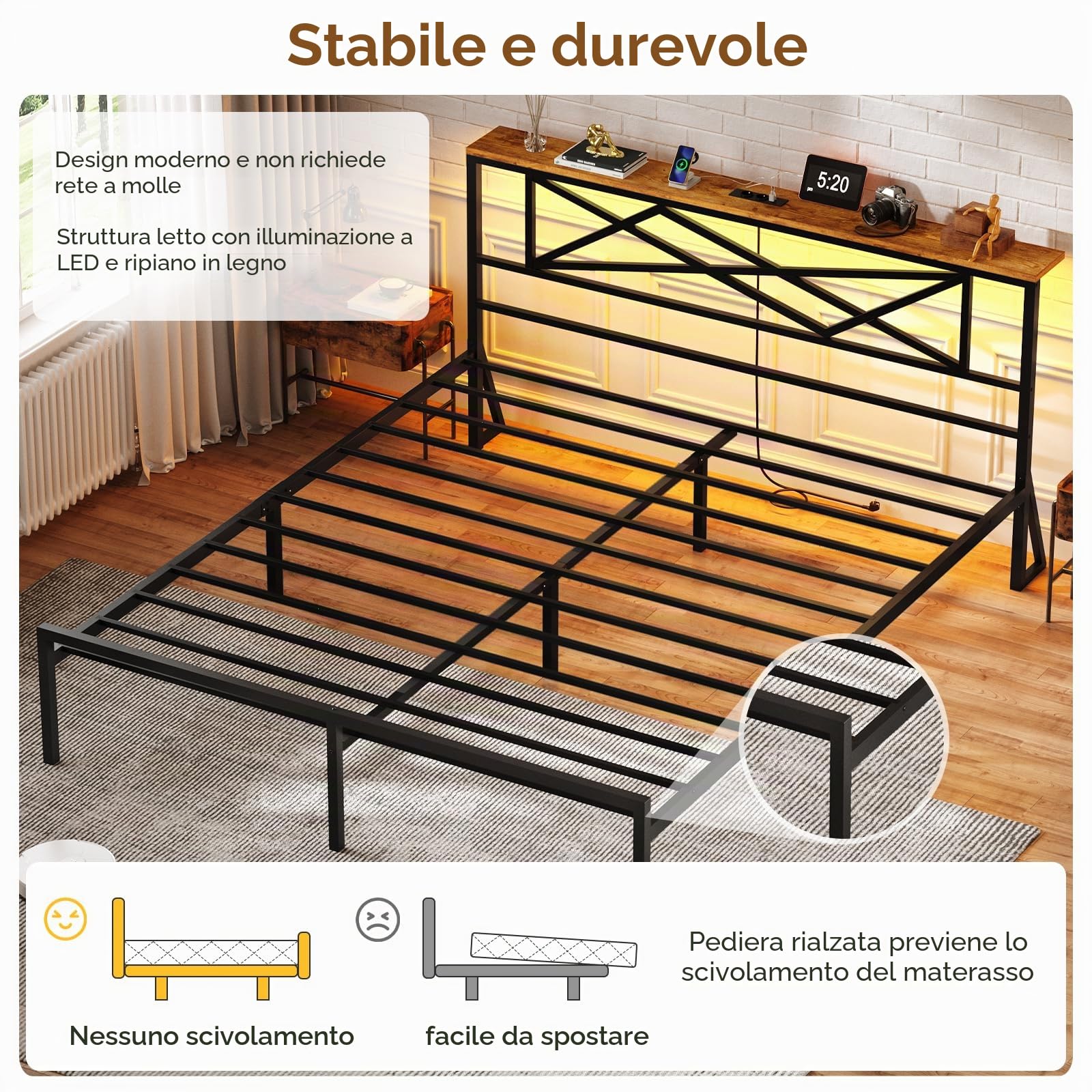 DICTAC Letto Matrimoniale 160 x 200 cm con Illuminazione LED, Telaio in Metallo con Stazione di Ricarica USB e Testata in Legno, Rete a Doghe in Metallo