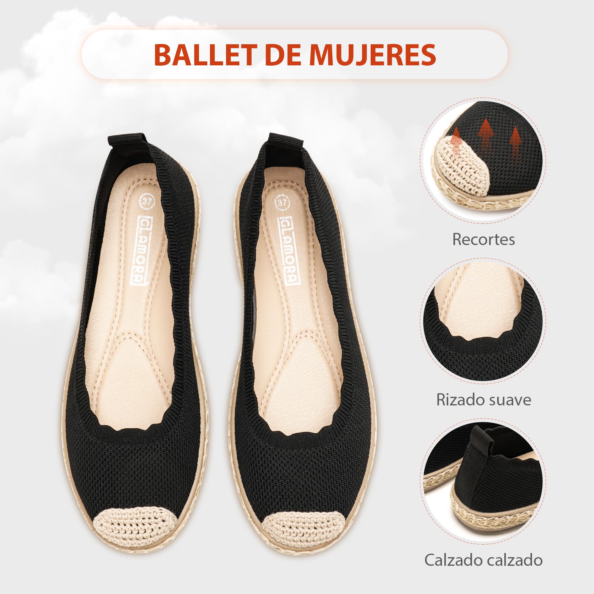 GLAMORA Alpargatas Mujer de Punto Transpirable con Suela de Goma Efecto Esparto, Zapatos Planos Tipo Bailarinas Manoletinas Cómodas Slip On, Alpargatas Mujer Ligeras Punta Redonda