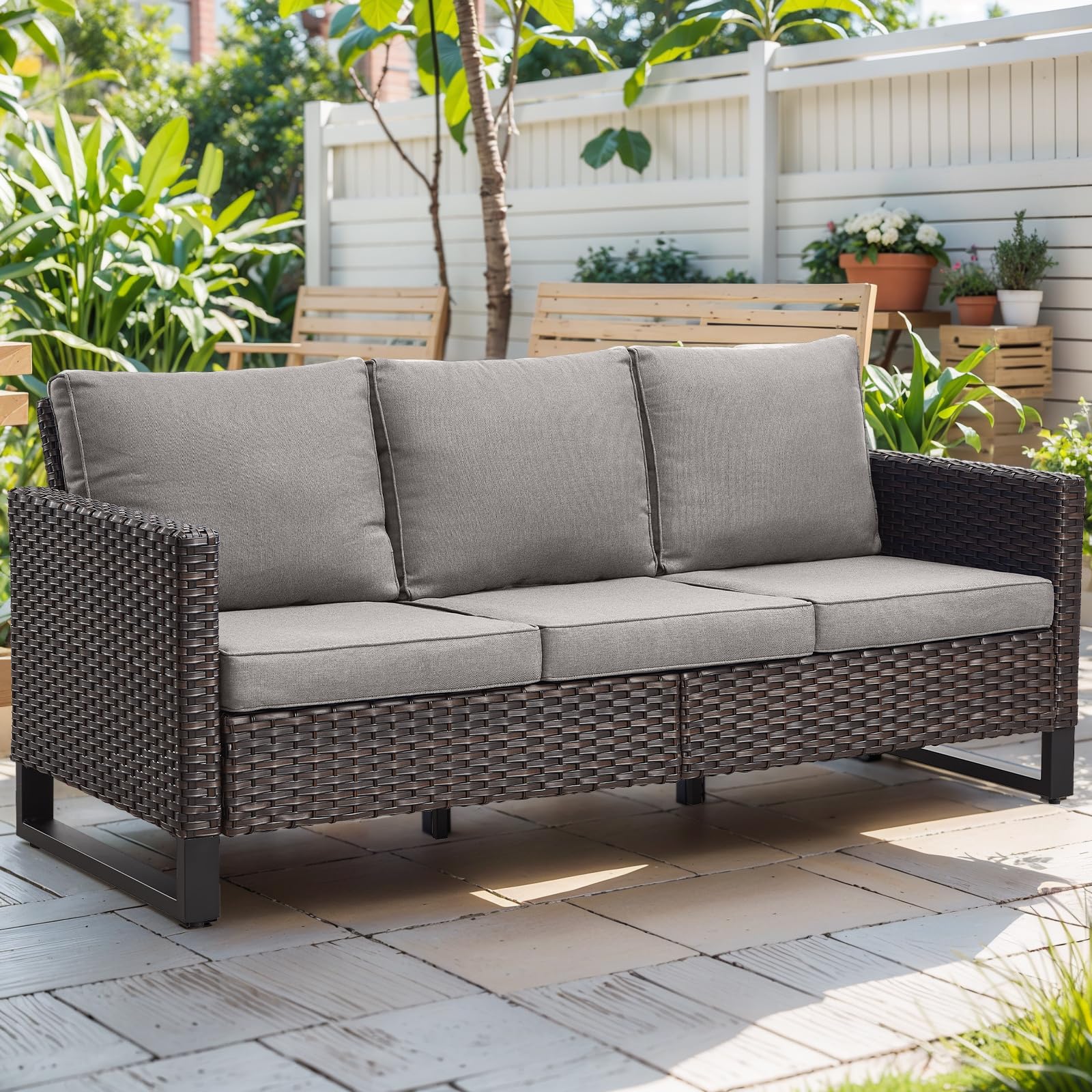 Rilyson Wicker Outdoor Couch Patio Sofa - 3 Seater Rattan Outdoor Patio Couch with Waterproof Wicker,Comfortable Cushions and Sturdy Metal Frame for