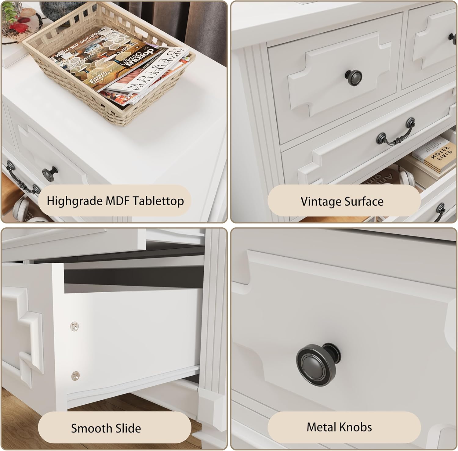 BLANKSPACE 5 Drawer Dresser for Bedroom, 44" Tall Dresser & Chest of Drawers wtih Vintage Surface, Closet Storage Cabinet for Living Room, Hallway, White - Image 4