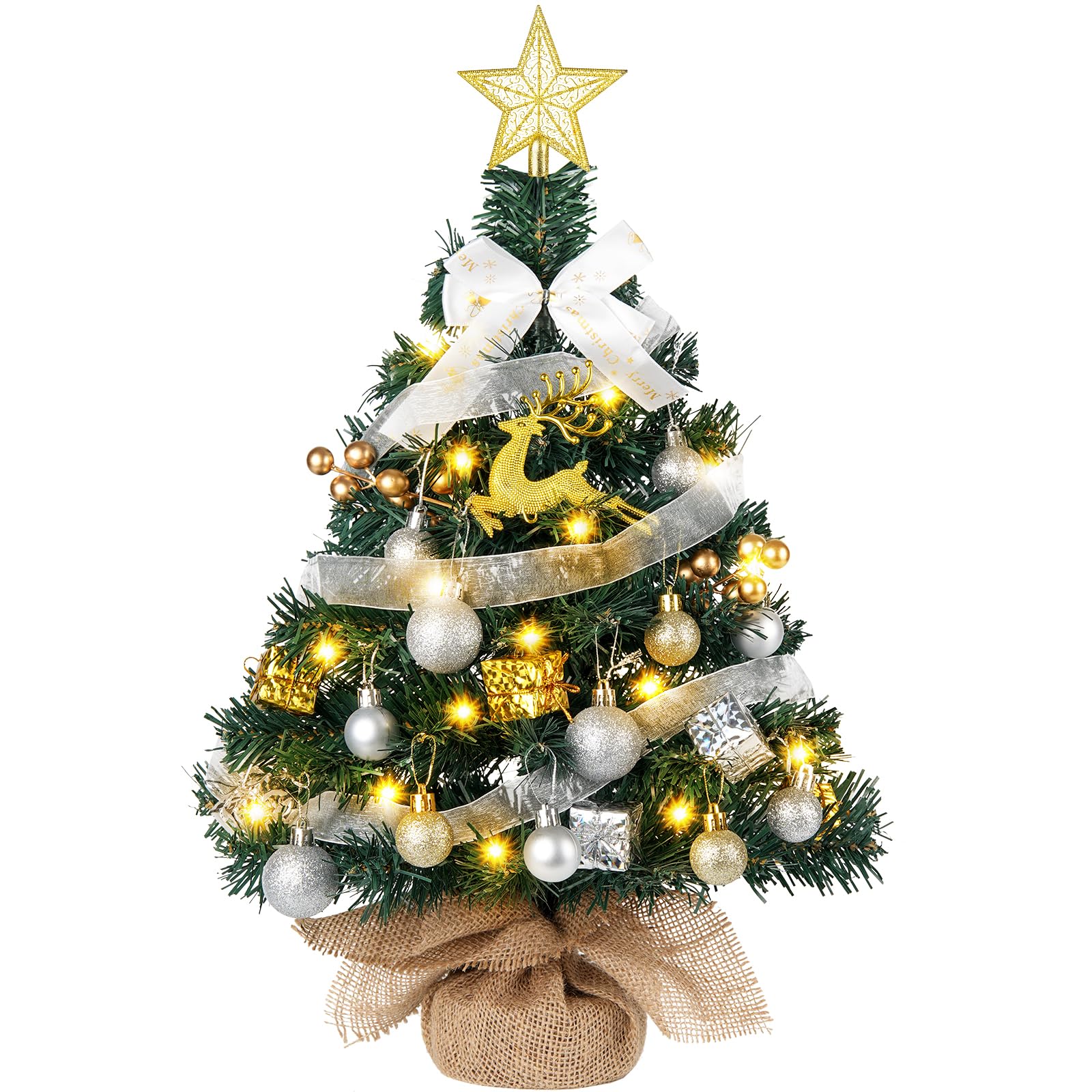 MACTINGMini Christmas Tree with 40 LED Lights 2 FT Small Artificial Tree with 26 Star Ornaments Green Table Top Tree with 8 Lighting Mode for Fireplace Desktop Office Party Home Indoor Xmas Decor