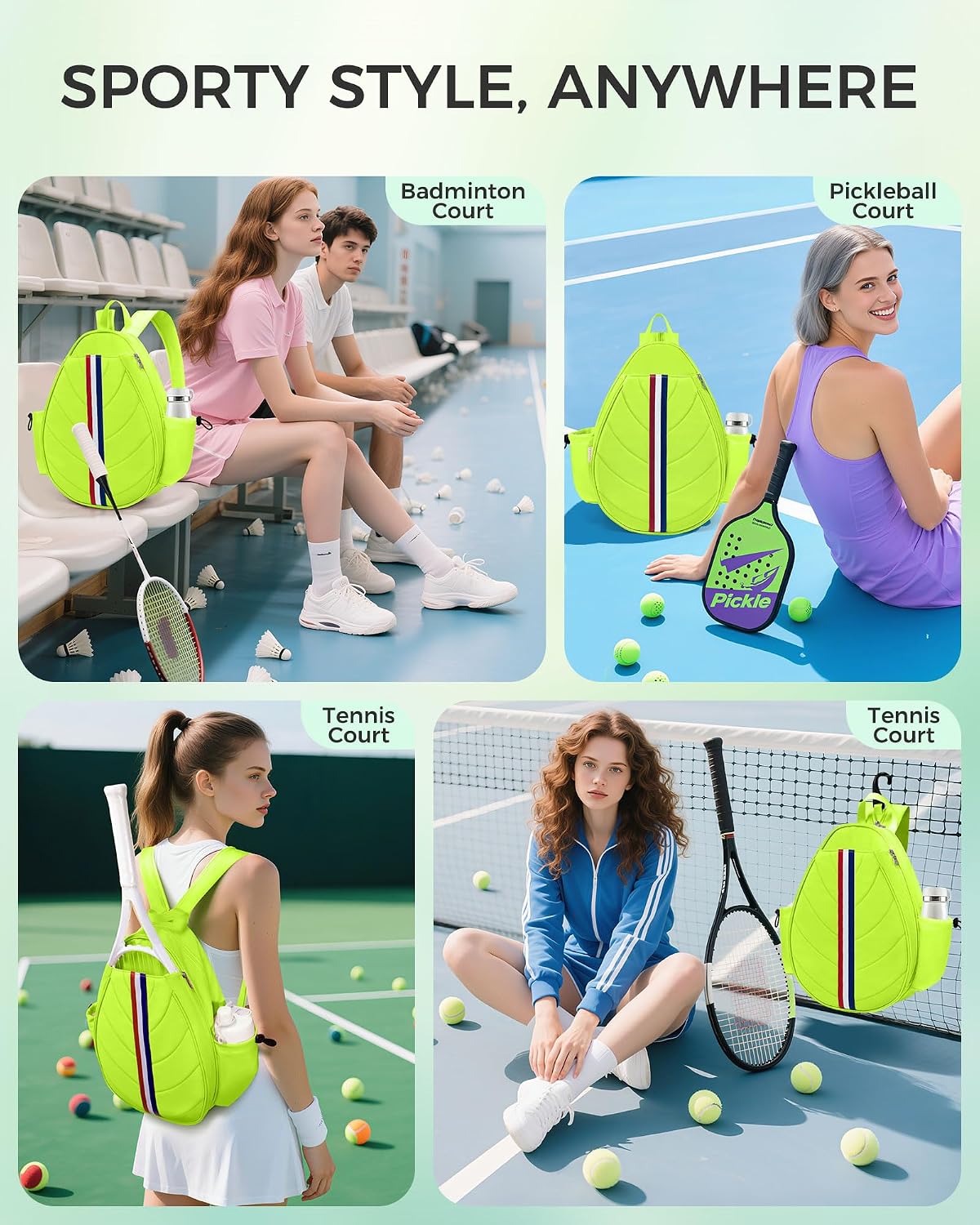 Tennis Bag, Water Resistant Tennis Backpack for Women Men, Quilted Crossbody Sling Design for Tennis, Pickleball, Badminton Rackets