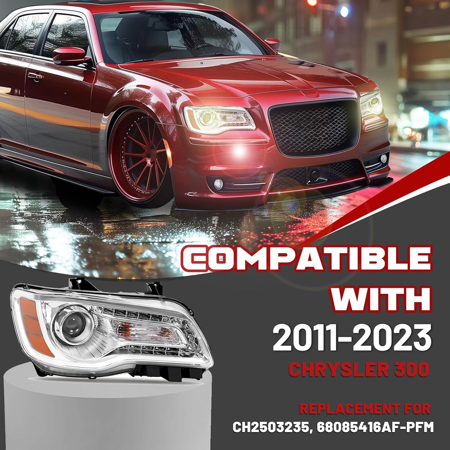 HECASA Right Headlight Compatible with 2011-2023 Chrysler 300 Halogen Headlamp Replacement for CH2503235 68085416AF-PFM w/Bulb Clear Lens + Chrome Housing Passenger Side