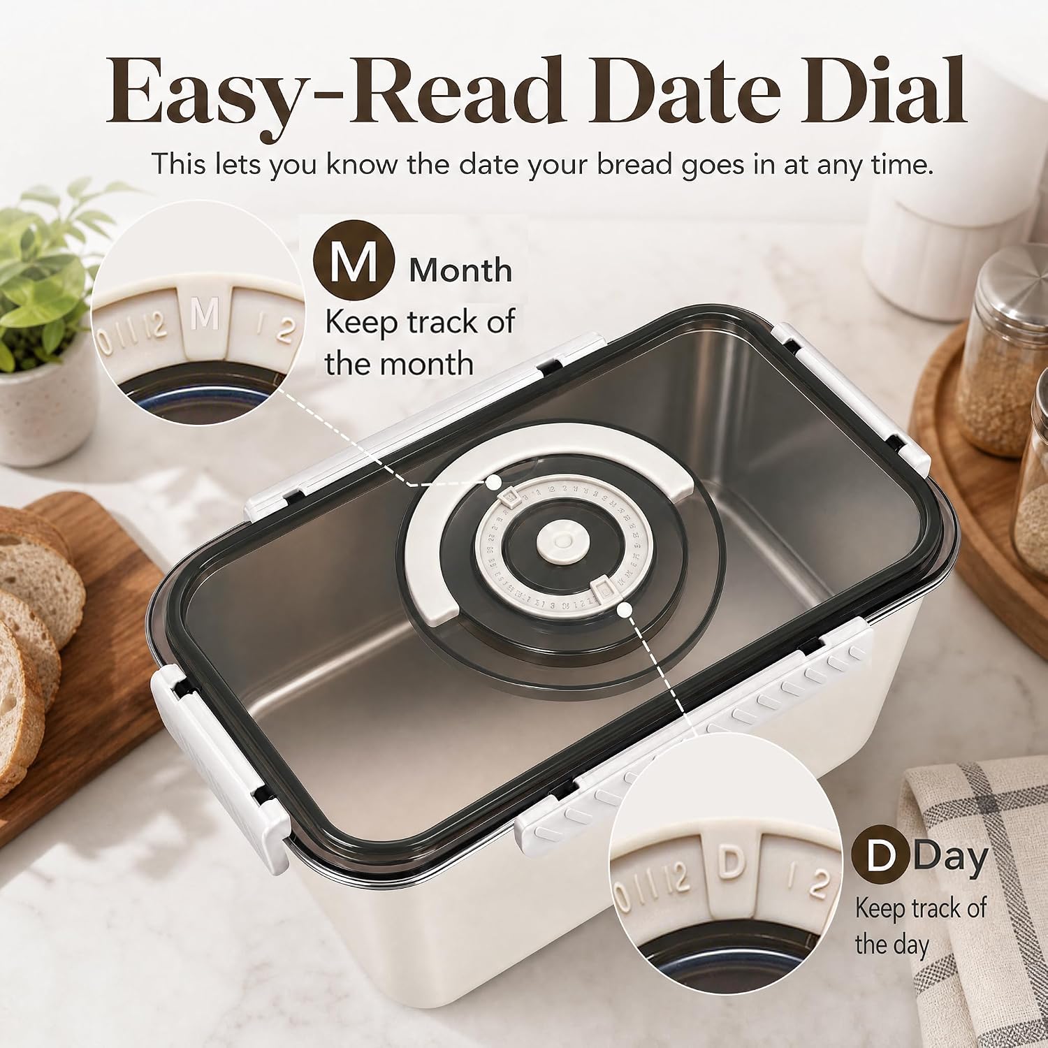 Bread Box for Kitchen Countertop,Beige Storage Container for Homemade Bread | 304 Stainless Steel;Airtight;Date Dial;5800ML Large Capacity (13.0 × 7.1 × 5.7 in);Dishwasher Safe;Portable Handle;Leak-Proof