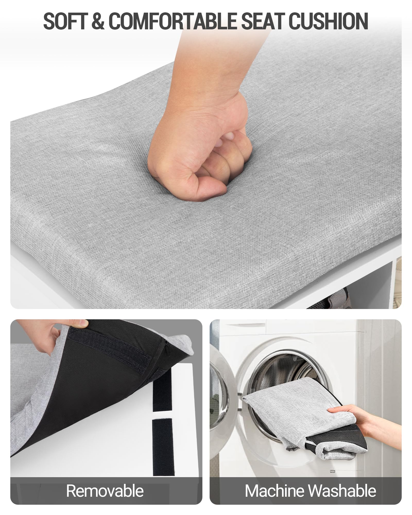 Hzuaneri Banco Zapatero, Zapatero con Asiento, Banco con Almacenaje, Cojín, 18 Compartimentos, 30 x 150 x 48 cm, para Salón, Pasillo, Dormitorio, Blanco SB25703GY