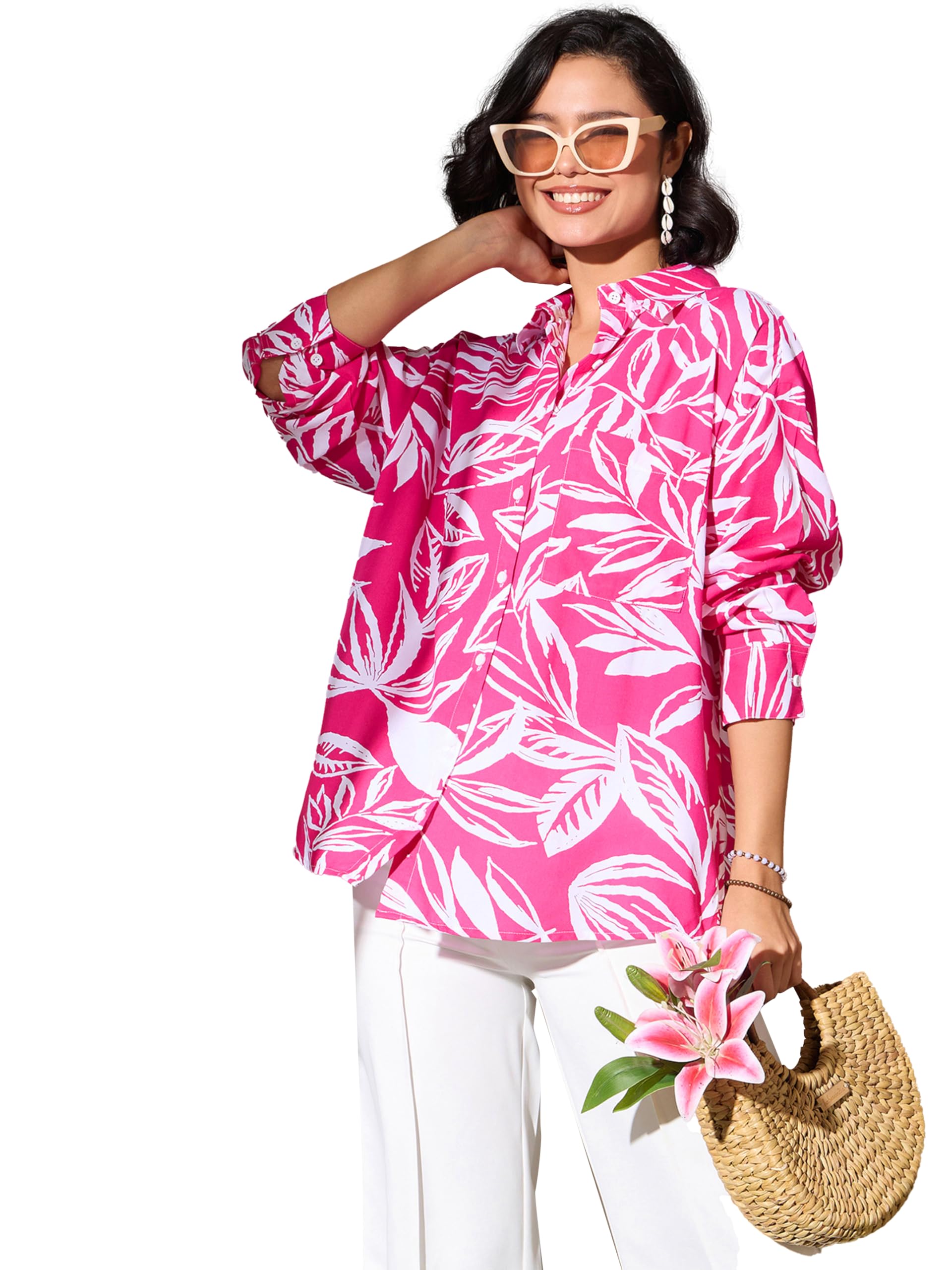 Fuchsia Tropical Floral Oversized Shirt-image-18