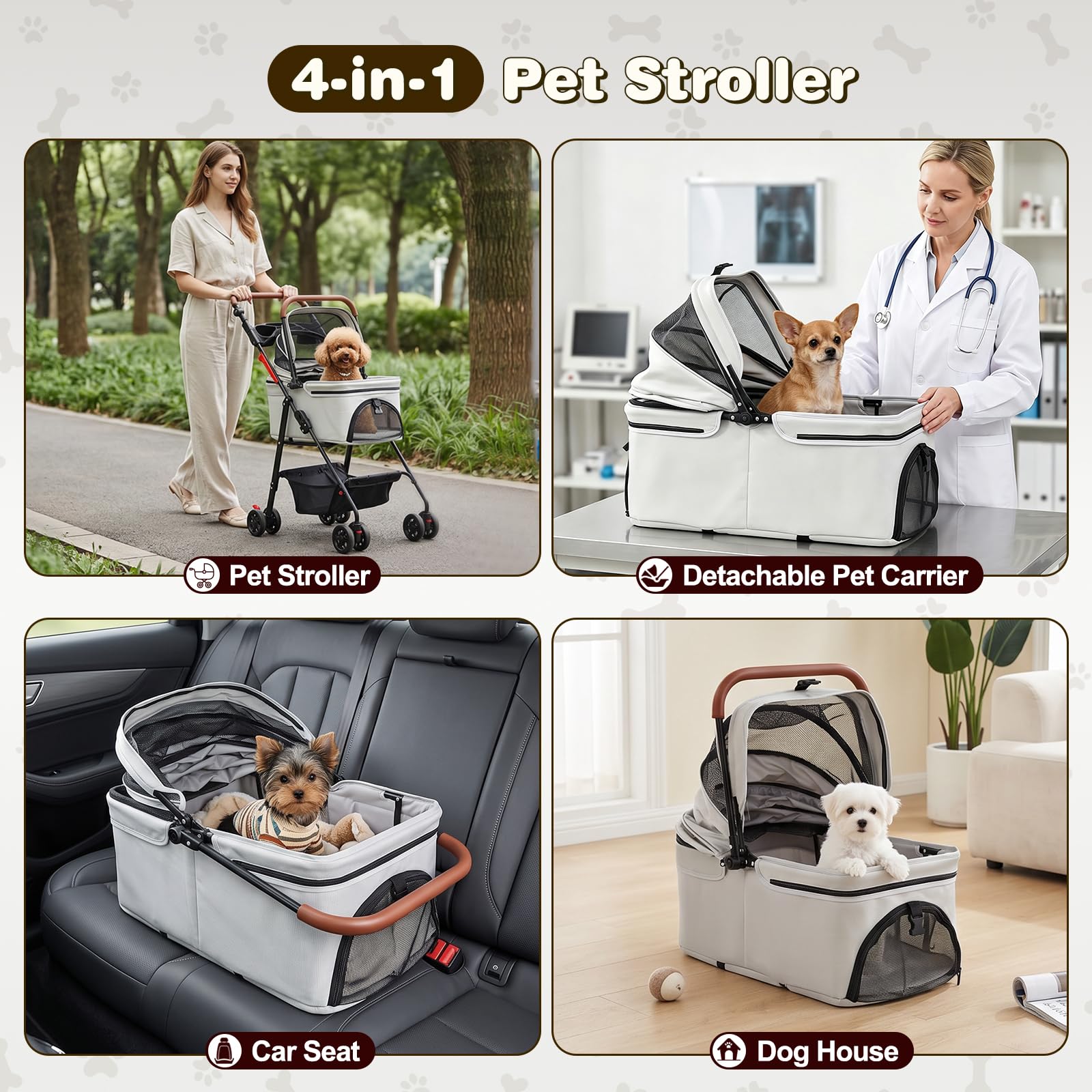 Poussette 3 en 1, pour chiens de taille moyenne, pliable, jusqu'à 20 kg, avec espace de rangement, siège auto amovible et compartiment alimentaire