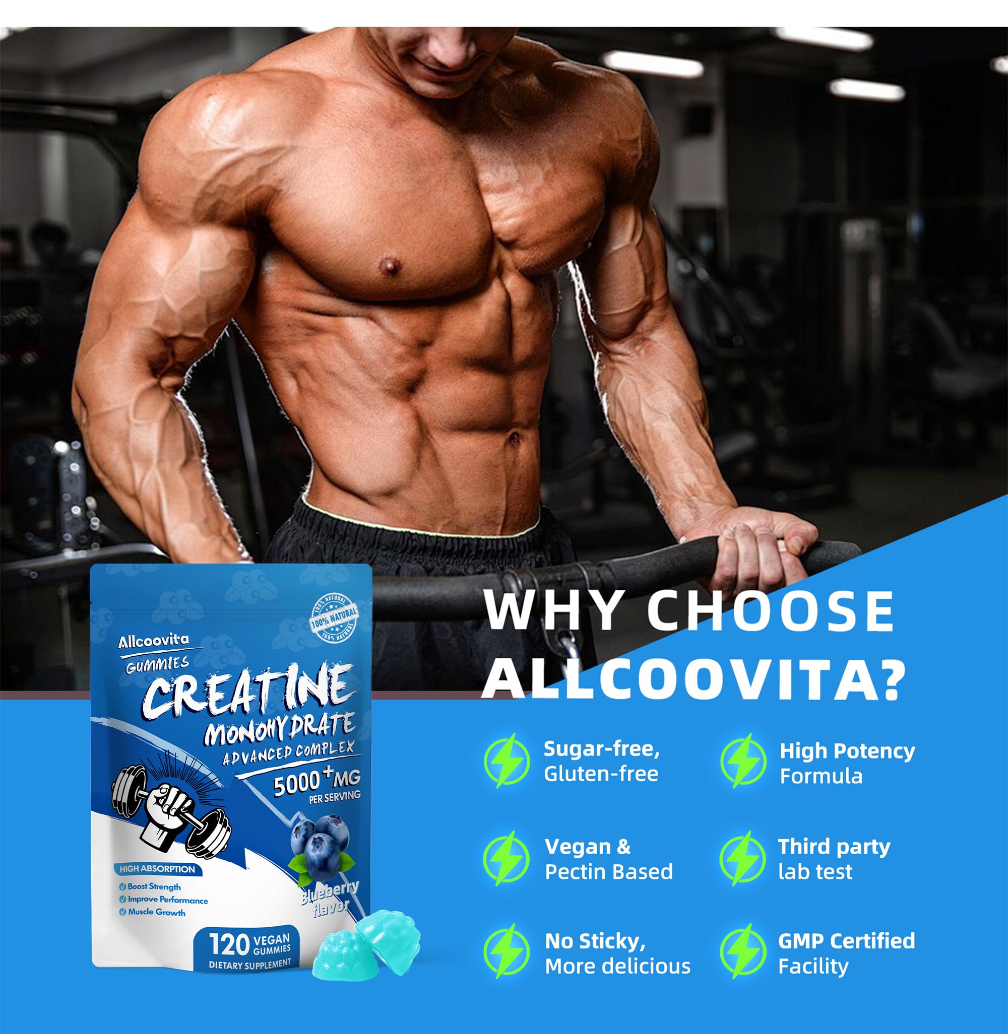 NSF Certified Creatine Gummy - Creatine Monohydrate Gummies 5000mg for Men & Women -120 Gummies Advanced Formula, Muscle Strength, Muscle Builder, Energy Boost, Pre-Workout Supplement-Blueberry — Amazon image 8