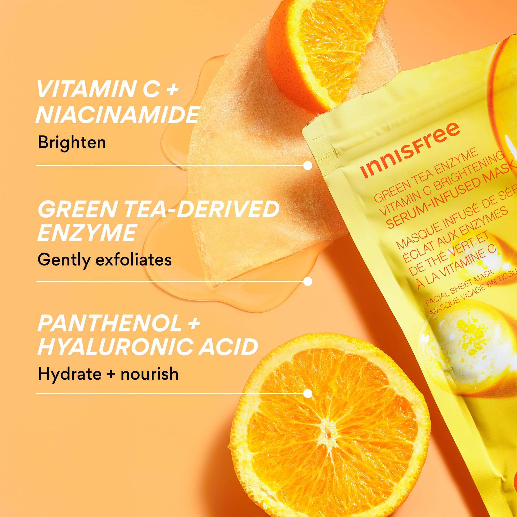 innisfree Green Tea Enzyme Vitamin C Brightening Serum-Infused Mask, 5 Pack Sheet Masks for Brightening & Glow, Ideal for Dry, Oily, & All Skin Types