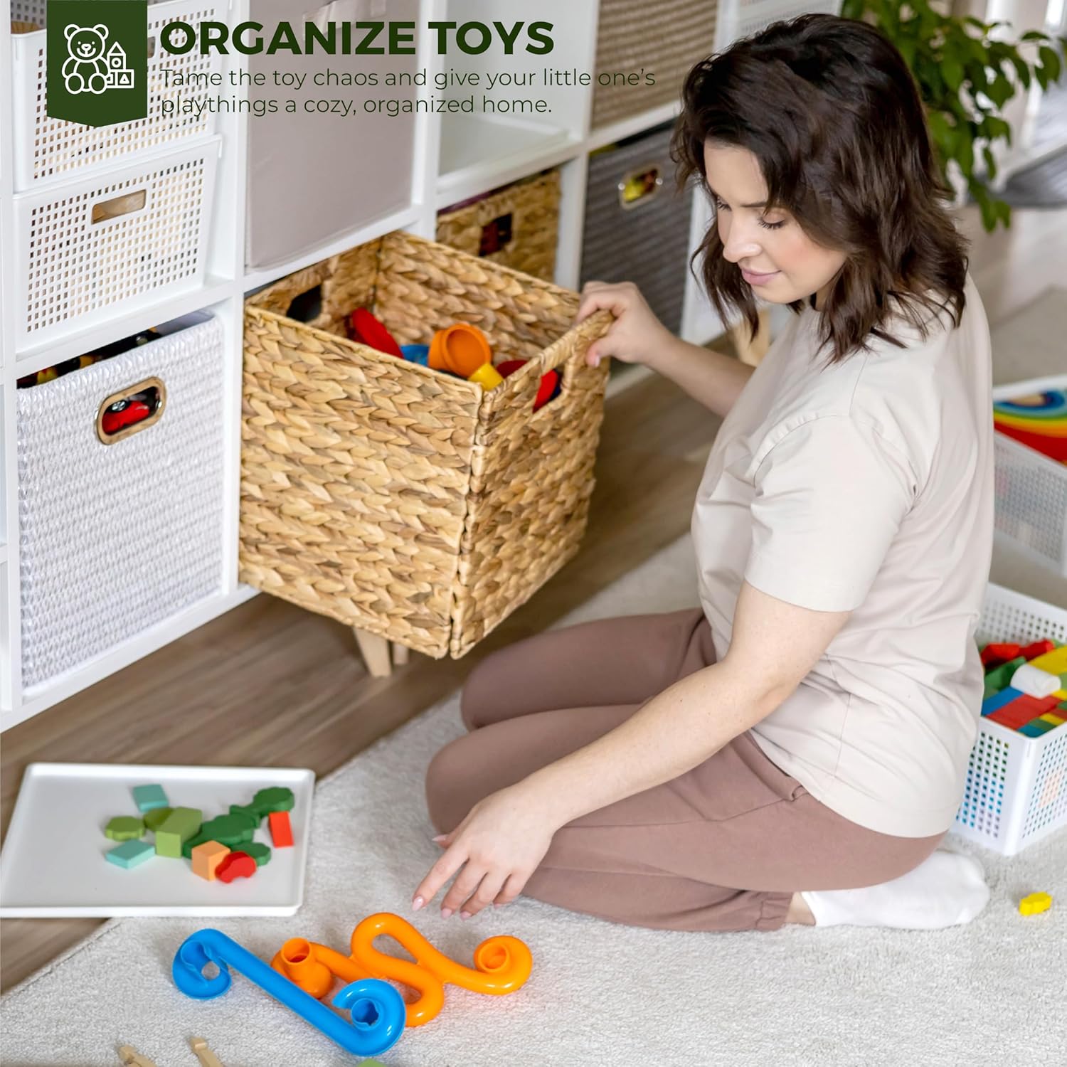 12.5x12.5in Wicker Storage Baskets, Handwoven Water Hyacinth Foldable Cube Bins for 13.5" × 13.5" and Larger Cube Shelves, Set of 6 (Natural) - Image 6