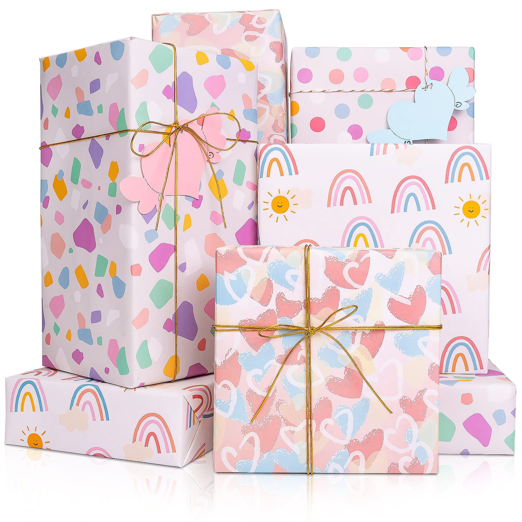 Azonee Gift Wrapping Paper, 4 Sheets Birthday Wrapping Paper for Girl, Gift Tags Polka Dots Heart Gift Wraps for Birthday, Wedding, Baby Shower(27.5x19.6inch)