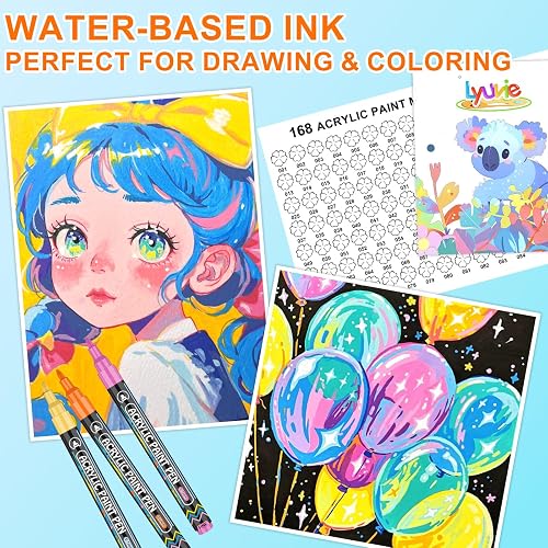 Lyuvie 168 Couleur Feutres Acryliques,Marqueur Peinture Acrylique avec Pointe Extra Fine de 0,7 mm,Permanent Stylo Peinture Acrylique pour Textile Galets Verre Métal Tissu Bois Céramique - 2