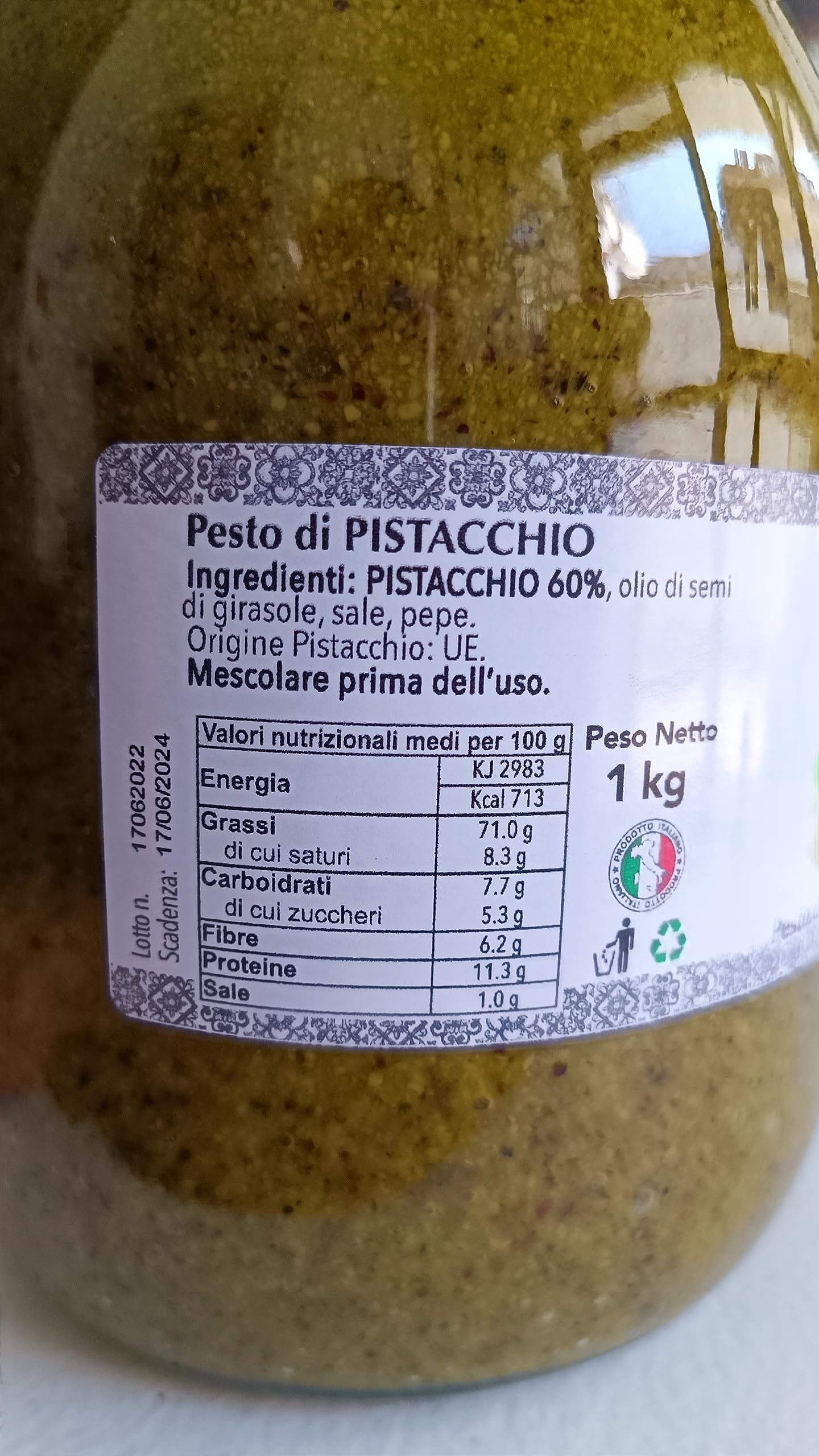 Pesto di Pistacchio 1 KG - Pesto Gourmet Artigianale per Pasta, Bruschette e Ripieni - Prodotto di Alta Qualità Siciliana - Le Tre Castagne dell'Etna