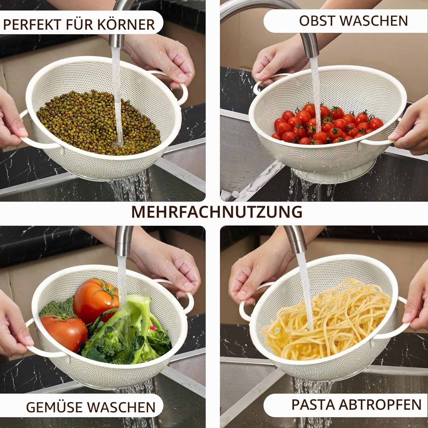 Edelstahl Sieb Set, 3-Teiliges Stapelbares Nudelsieb, 2/3/4,5 Liter Seiher, Küchensieb für Nudeln, Obst, Gemüse, Reis, BPA-Frei, Spülmaschinenfest (Creme)