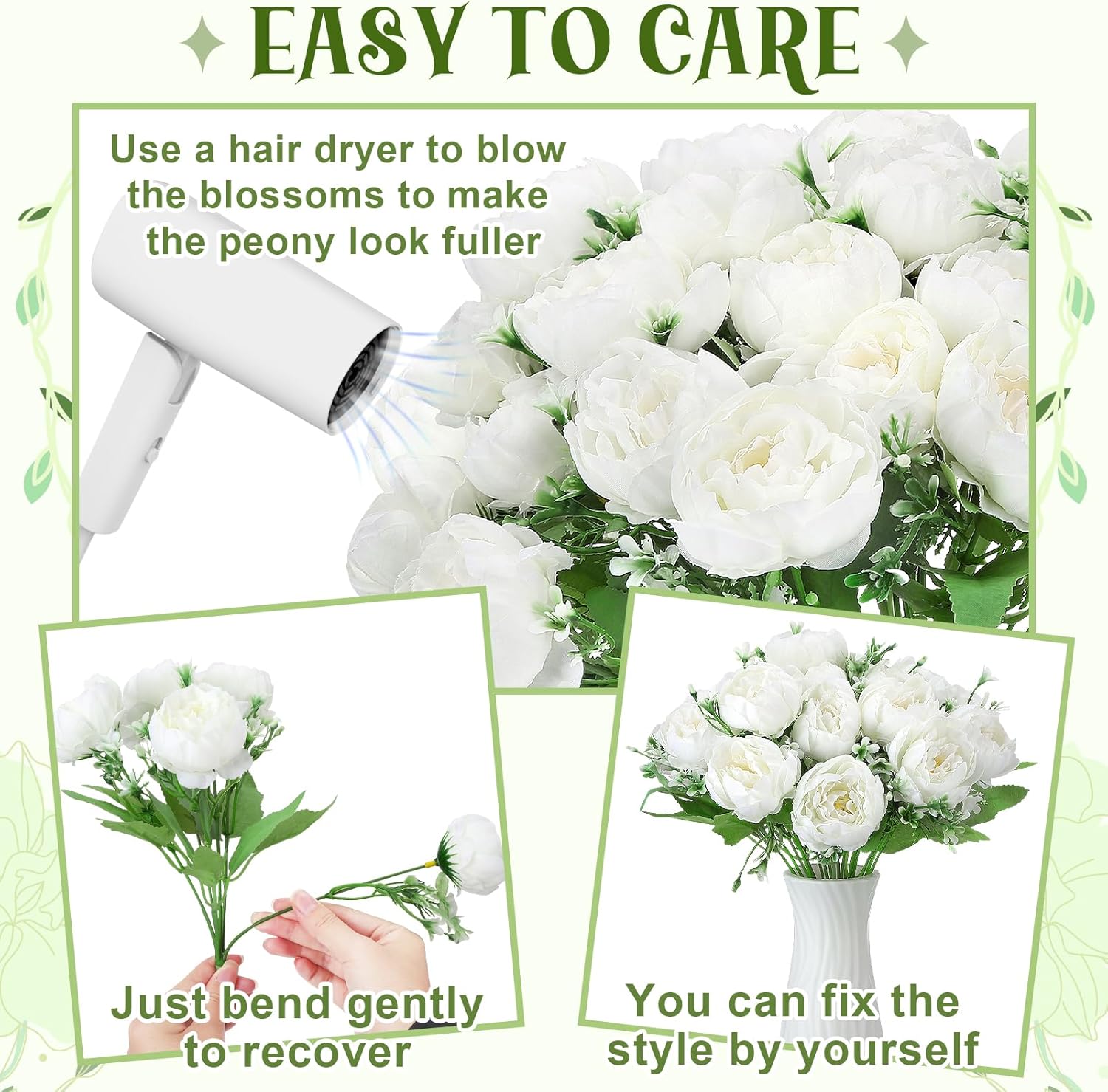 8 Pack White Peonies Artificial Flowers, Fake Silk Hydrangea Bouquet for Bridal Wedding Home Table Decor Reusable Dining Opening Ceremony Birthday Arrangement Faux Floral - Image 2