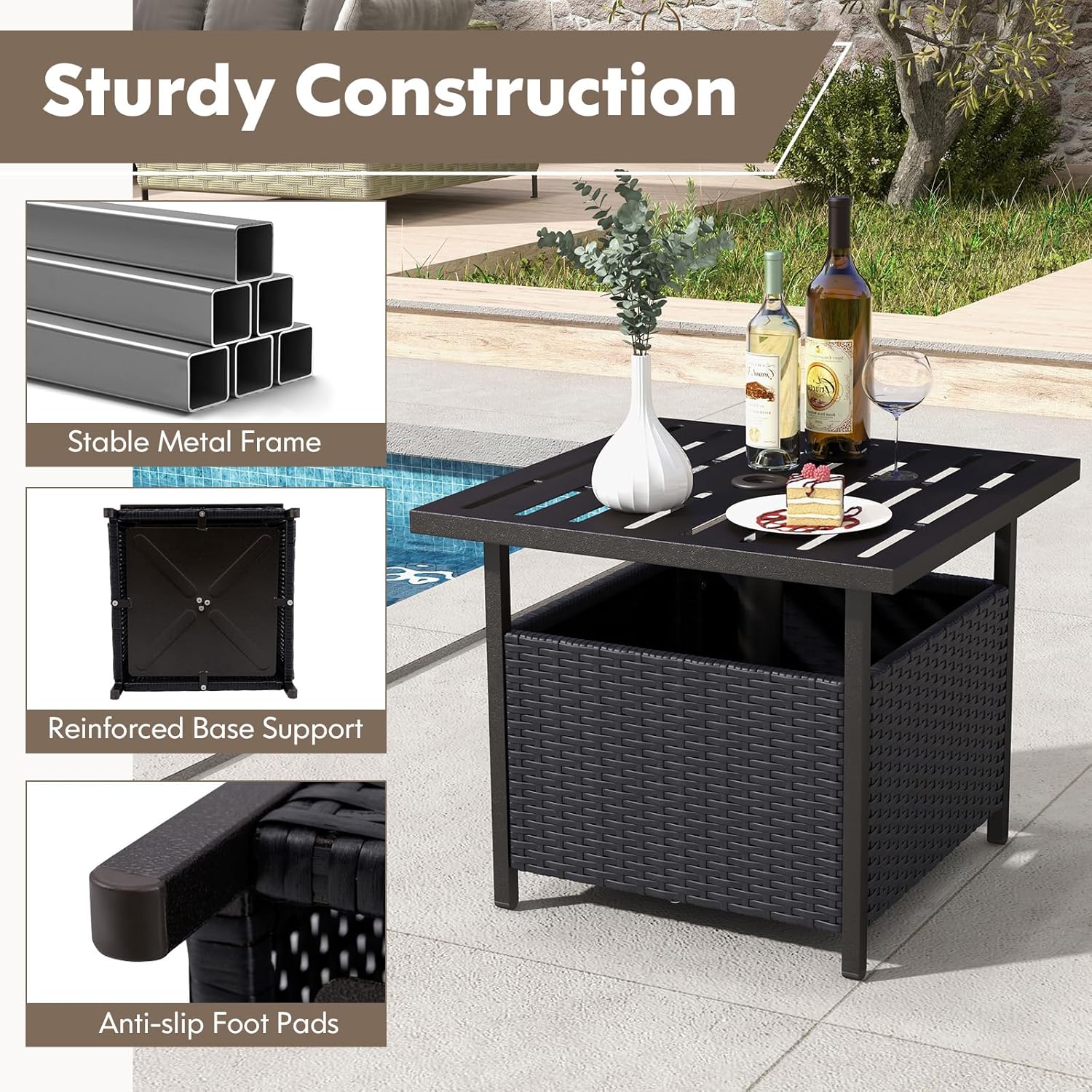 RELAX4LIFE Side Table with 2’’ Umbrella Hole - Wicker Rattan Patio Bistro Coffee Tables w/Metal Tabletop for Garden Backyard Balcony Poolside Deck, Square Outdoor Side Table (Black)