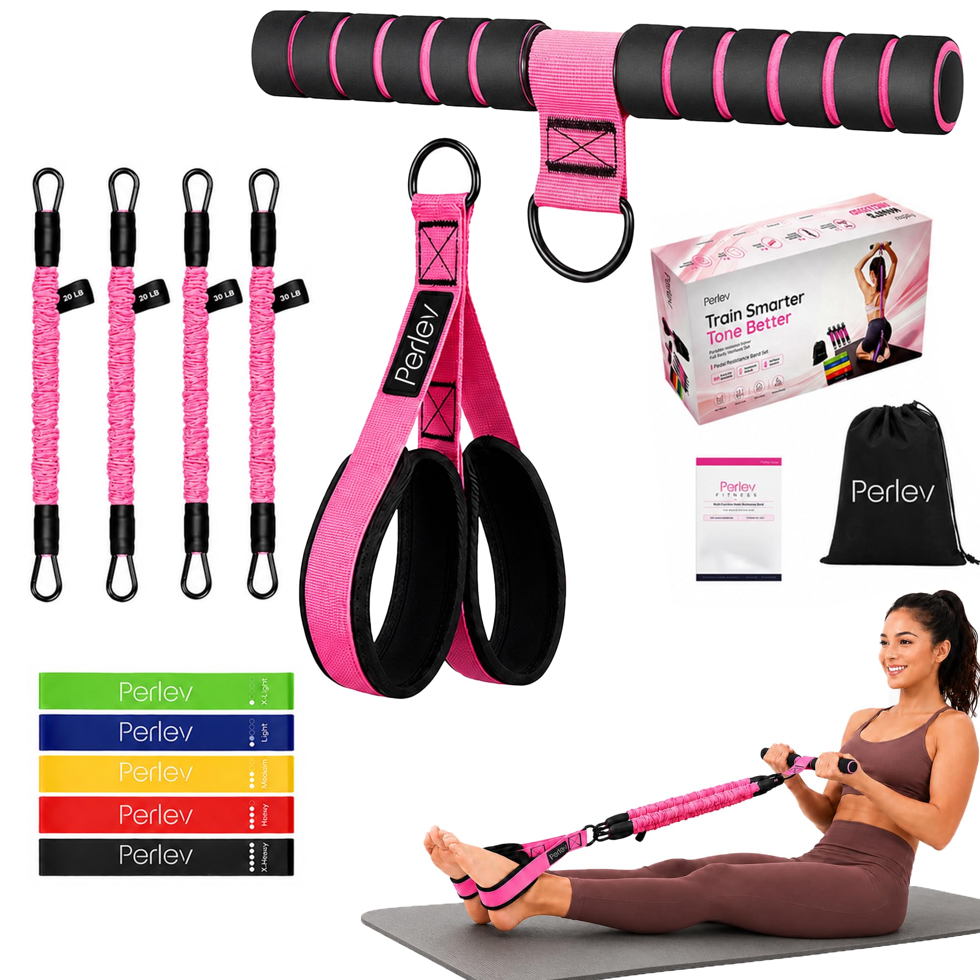 Perlev Pedal Resistance Band with Handle, 4 Tube Adjustable Resistance Bands & 5 Loop Bands Set, Up to 100LB Home Workout Equipment for Women, Abs, Core, Legs, Glutes & Pilates (Pink)