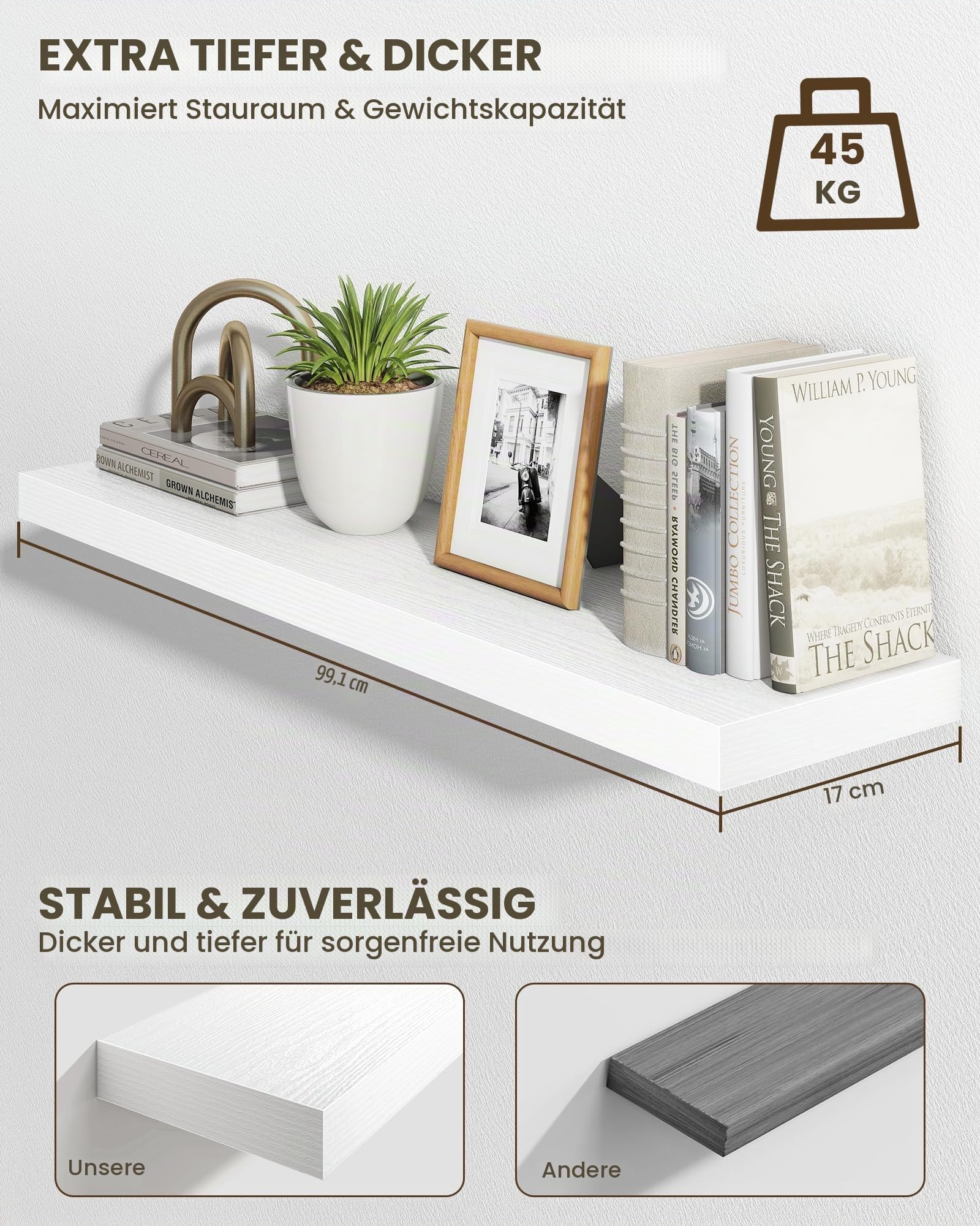 Marsmiles 100 cm Schwebende Regale für die Wand, Holzregale mit unsichtbaren Halterungen, rustikales Bauernhaus, Wandregal für Küche, Badezimmer, Wohnzimmer, Arbeitszimmer, 2 Stück, Weiß