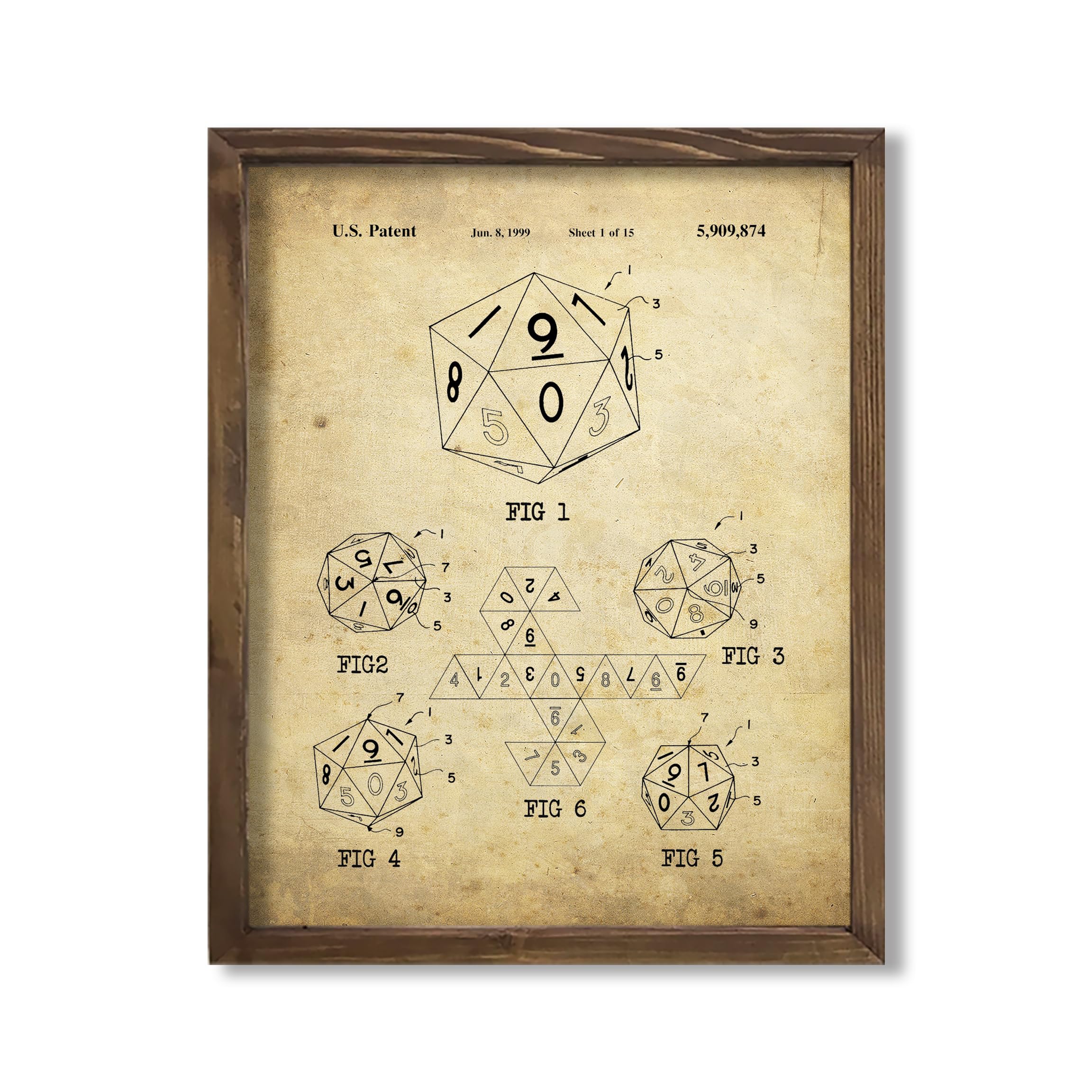 Vintage Patent 20-Sided Dice Icosahedron D20 Illustration Art Print for Game Room Gamer Wall Decor, Dungeon Master Den Accent, Bedroom Adventure Man