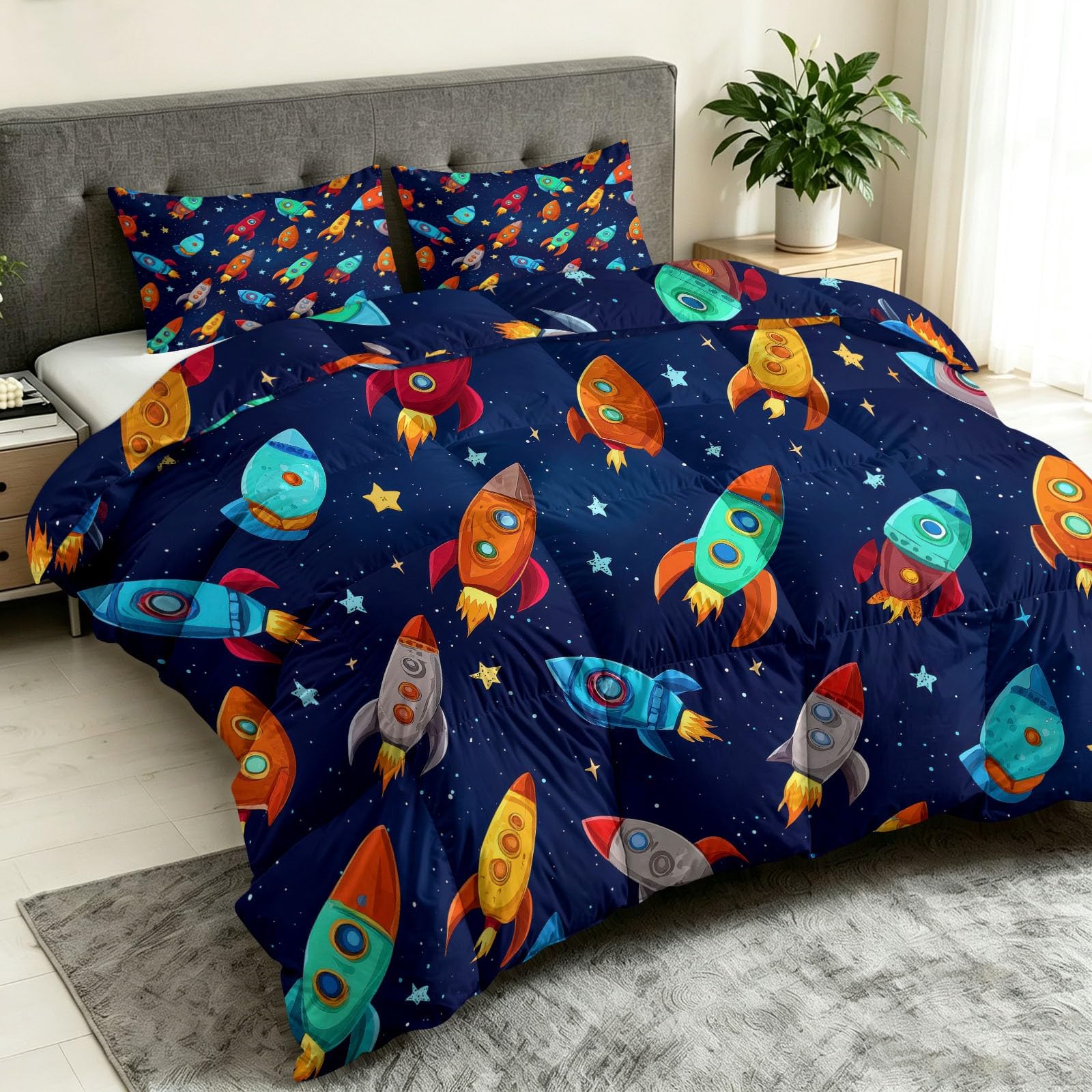 Edredón reversible suave sin funda de 135 x 200 cm, color azul, colorido, con dibujos animados, ligero y transpirable, diseño de nave espacial con estrellas, suave y ligero, lavable, para todo el año