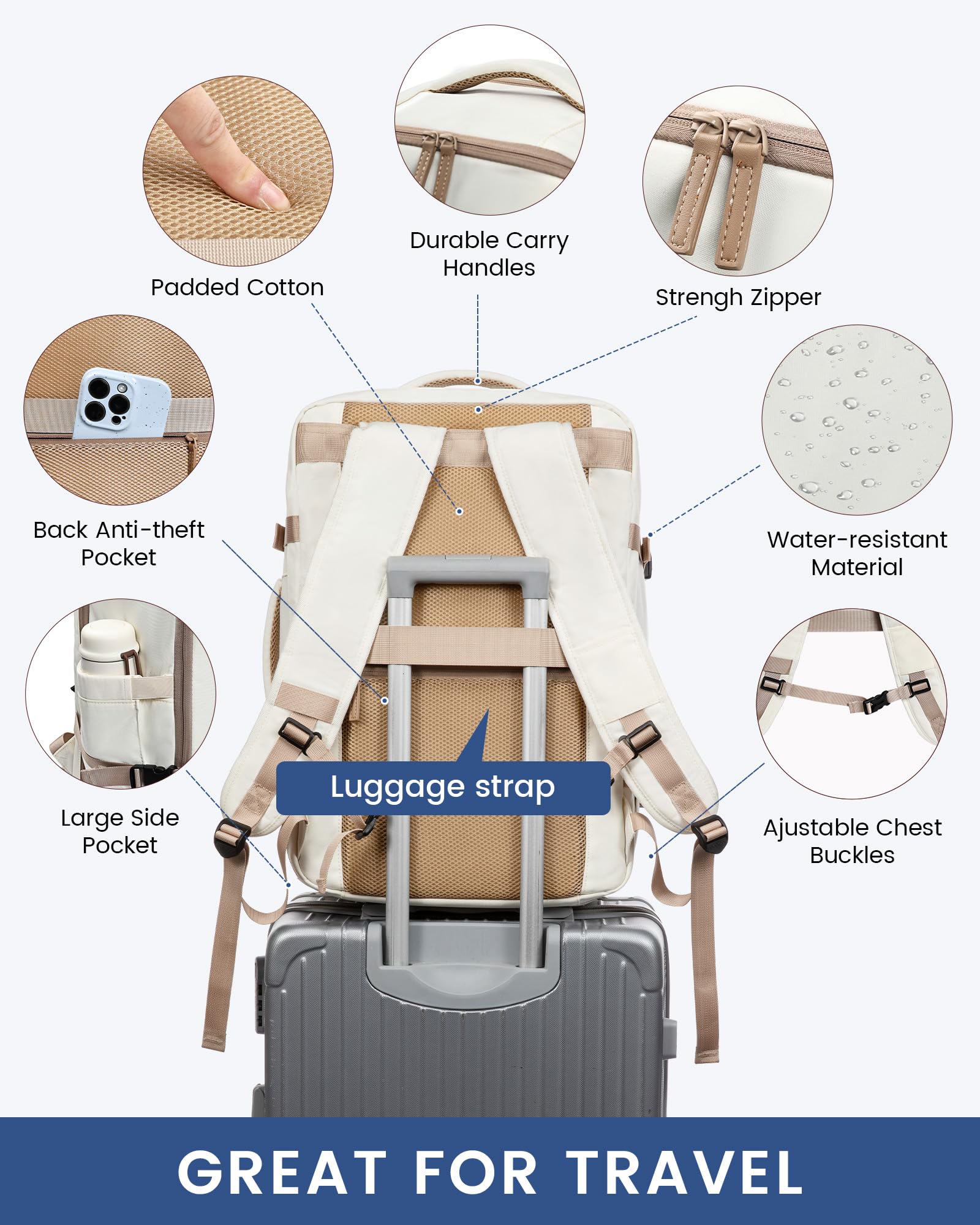 LOVEVOOK Zaino da Viaggio Aereo Bagaglio a Mano 40L Grande Borsa da Cabina per Voli Impermeabile Antifurto Zaino Viaggio Uomo Donna 17,3 Pollici Zaino Porta PC per Scuola Lavoro Trekking, Beige kaki