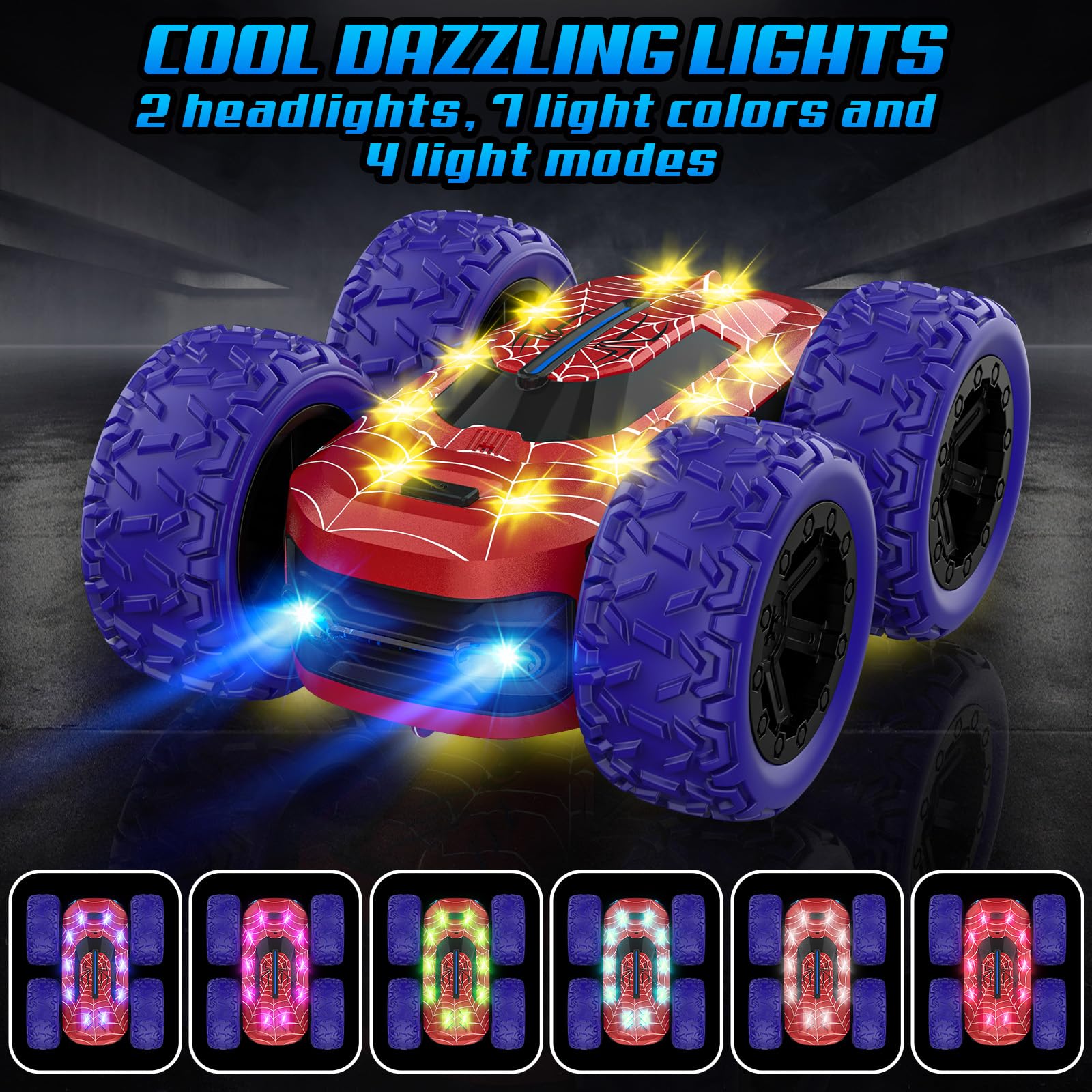 Macchina Telecomandata per Bambini 4 5 6 7 8 9 Anni, 4x4 RC Auto Radiocomandata con Luci Giochi da Giardino Esterno Interno, 360 Flip Doppio Monster Truck Spider Giocattolo Regalo Compleanno Natale