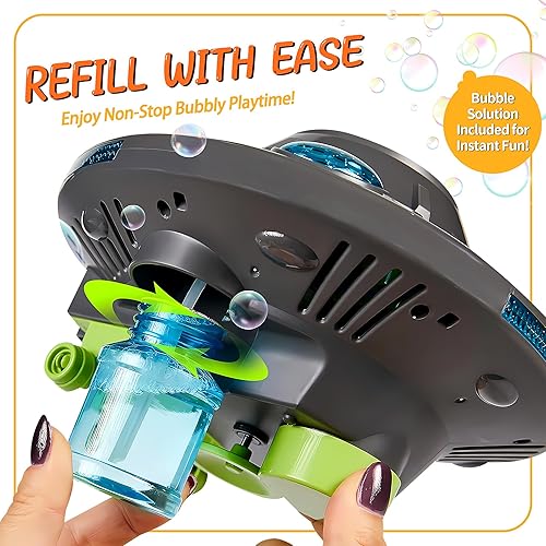 Miniatura 6 de Máquina de burbujas para niños – Máquina automática de burbujas con luz LED y música, juguetes OVNI giratorios de 360°, soplador de burbujas seguro