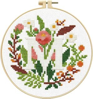 Zhenqing Twin Peak Floral Letter M Cross Stitch Kit with 16cm Hoop - Silver Grey 11CT Fabric 20x20cm, Pre-Sorted Threads (69752)