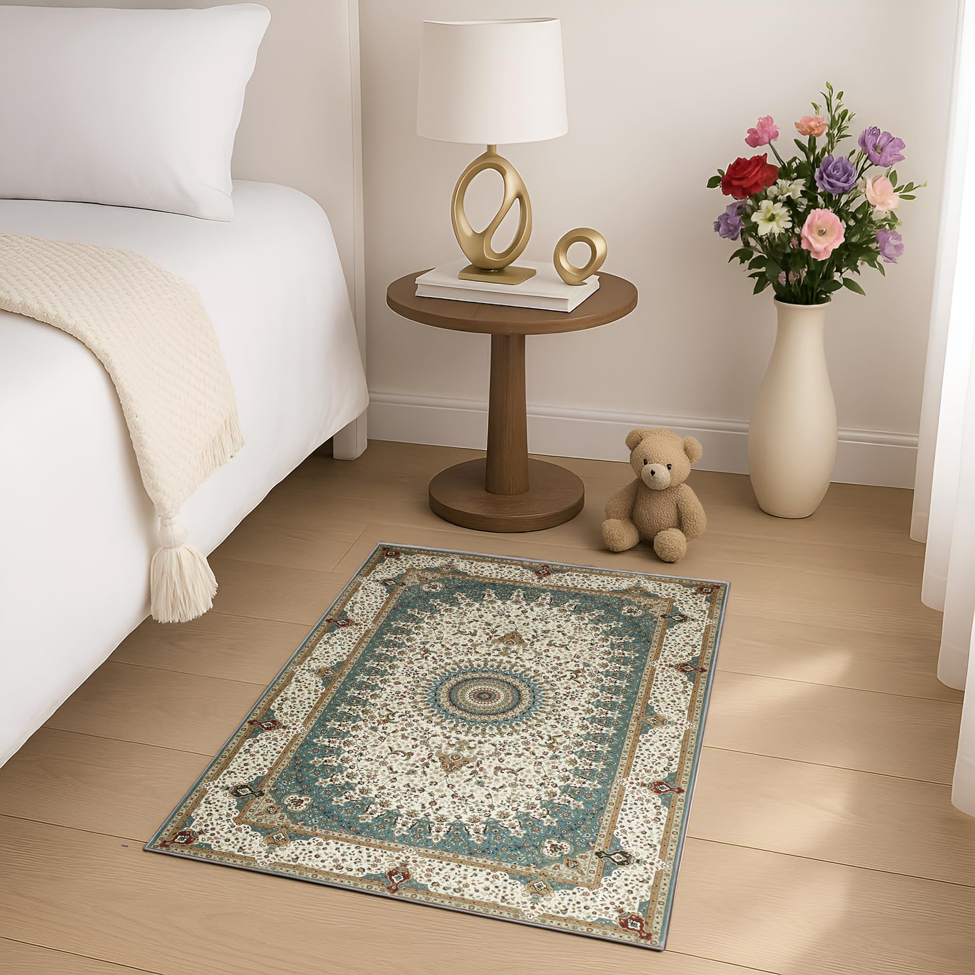 BedLooms Washable Bedside Small Rug 40x60 cm Teal Area Rugs for Bedroom Living Room – Traditional Floral Vintage Boho Cashmere Design Carpet Non Slip Entryway Door Mat, (Willow) — image 1