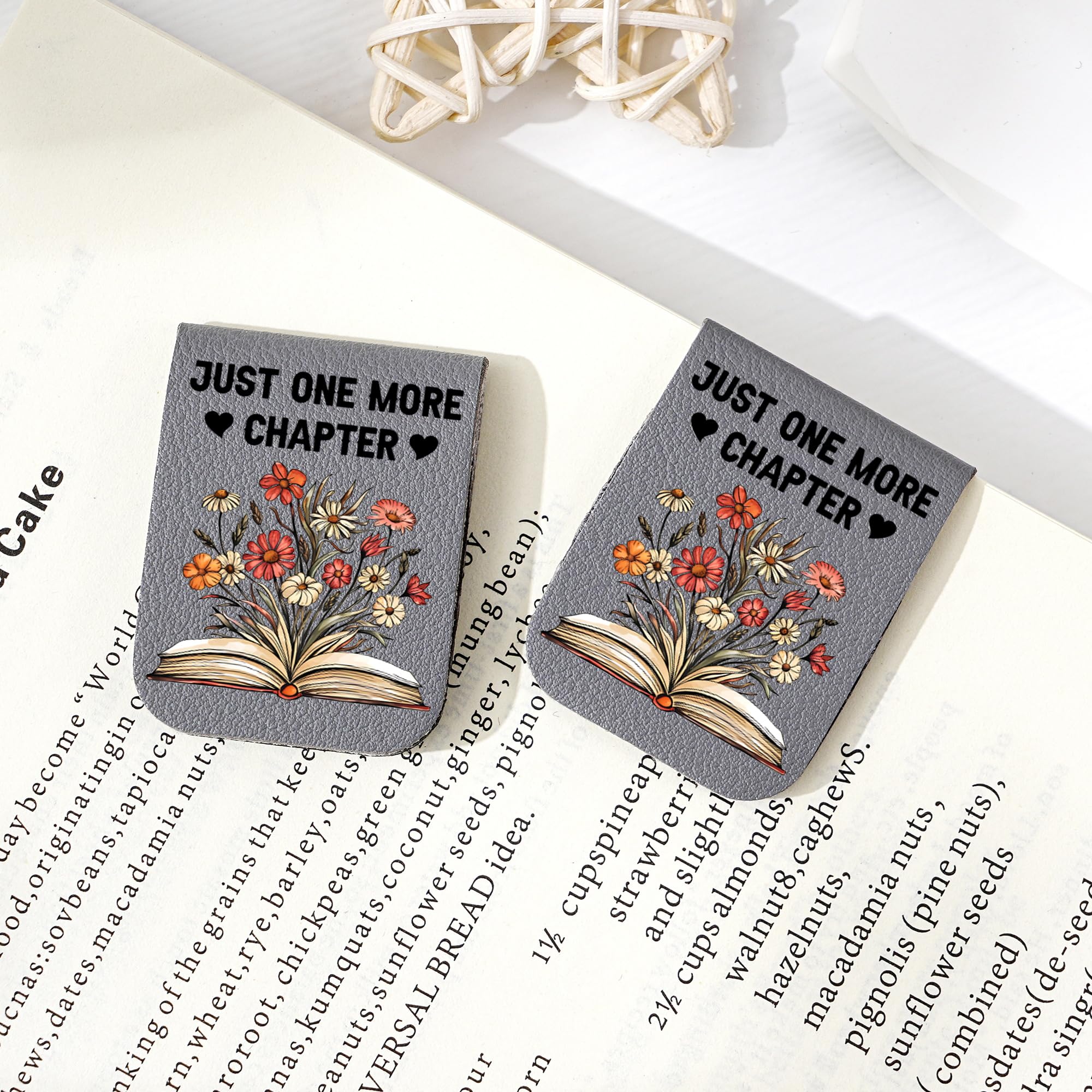 JUST ONE More Chapter - Magnetic Leather Bookmark with Flower, Leather Magnetic Bookmarks for Women, Magnetic Bookmark Holder, Christmas Birthday Gifts for Book Lovers (S1(Gray))