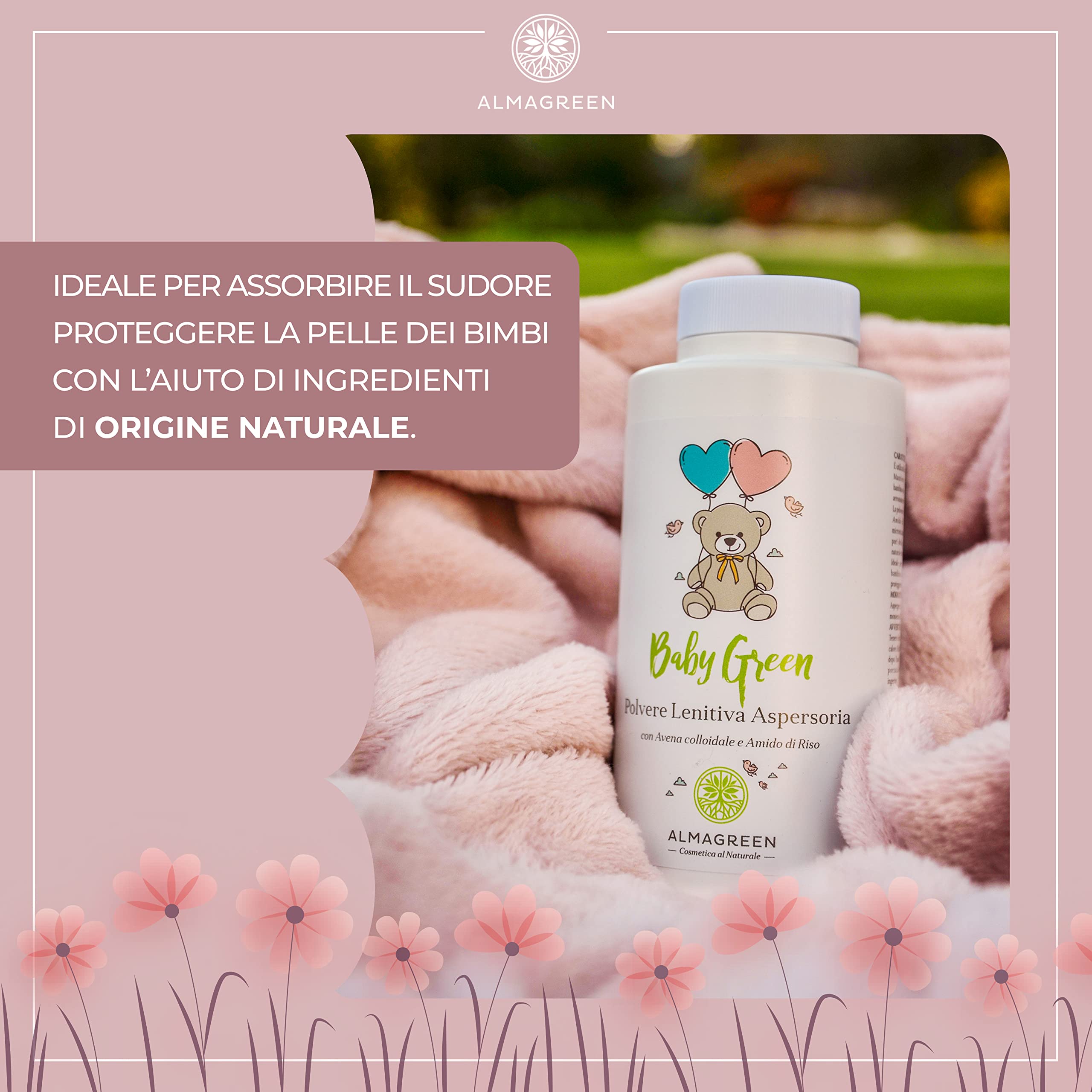 Almagreen Polvere aspersoria lenitiva e protettiva, Talco per cambio pannolino e bagnetto bimbi, 150 gr