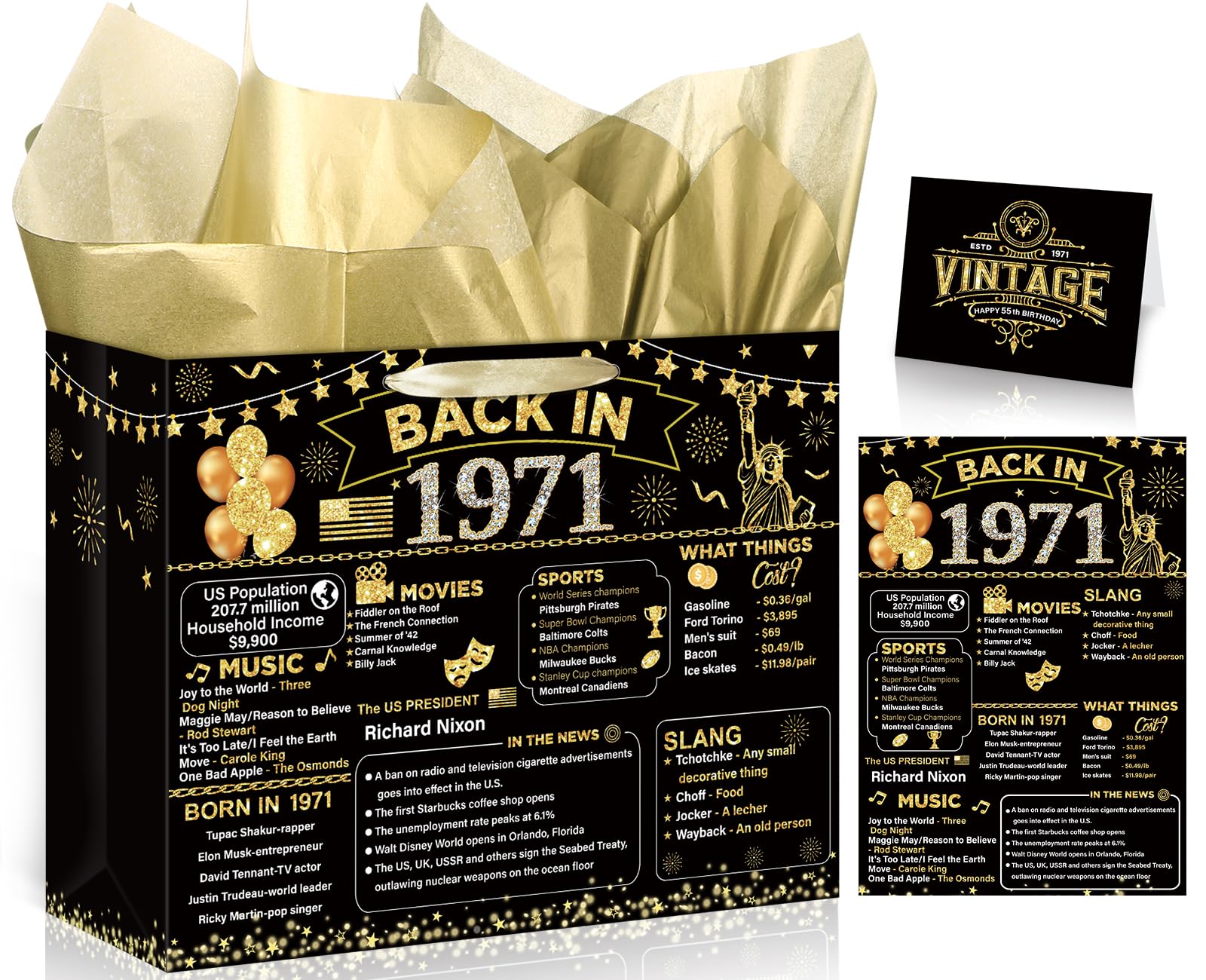 Yoirrat Black Gold 55th Birthday Gifts Bag Vintage 1971 Gift Bags with Greeting Cards 55th Birthday Wrapping Paper Bag for Women Man 55 Year Old Party Supplies