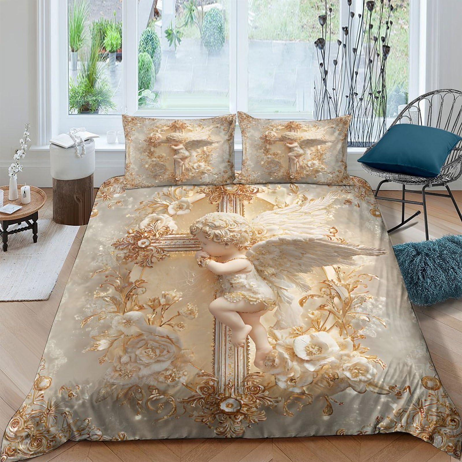 Ctjqhvkz Style-6 3D Printed Angel Renaissance Fitted Sheet Microfiber Soft Beige Gold Cherub Mattress Cover For Bedroom Guest Room Decor Single（135X200cm）