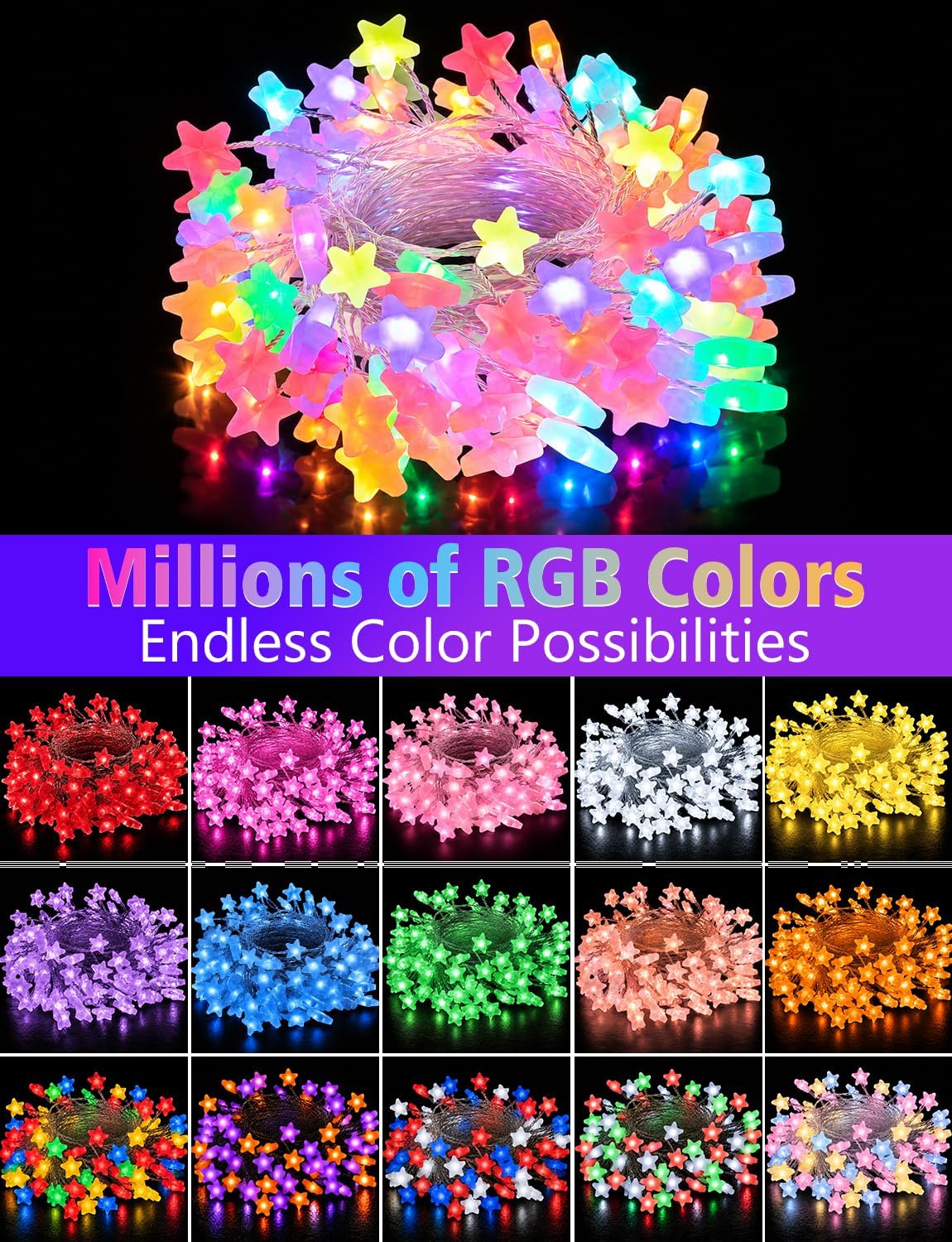 echosari Smart Star Fairy Lights Plug in with Timer App Remote Control | 16 Million Color Changing String Lights RGB Built in Chip 10Ft USB String Lights for Halloween Christmas Indoor Outdoor Decor