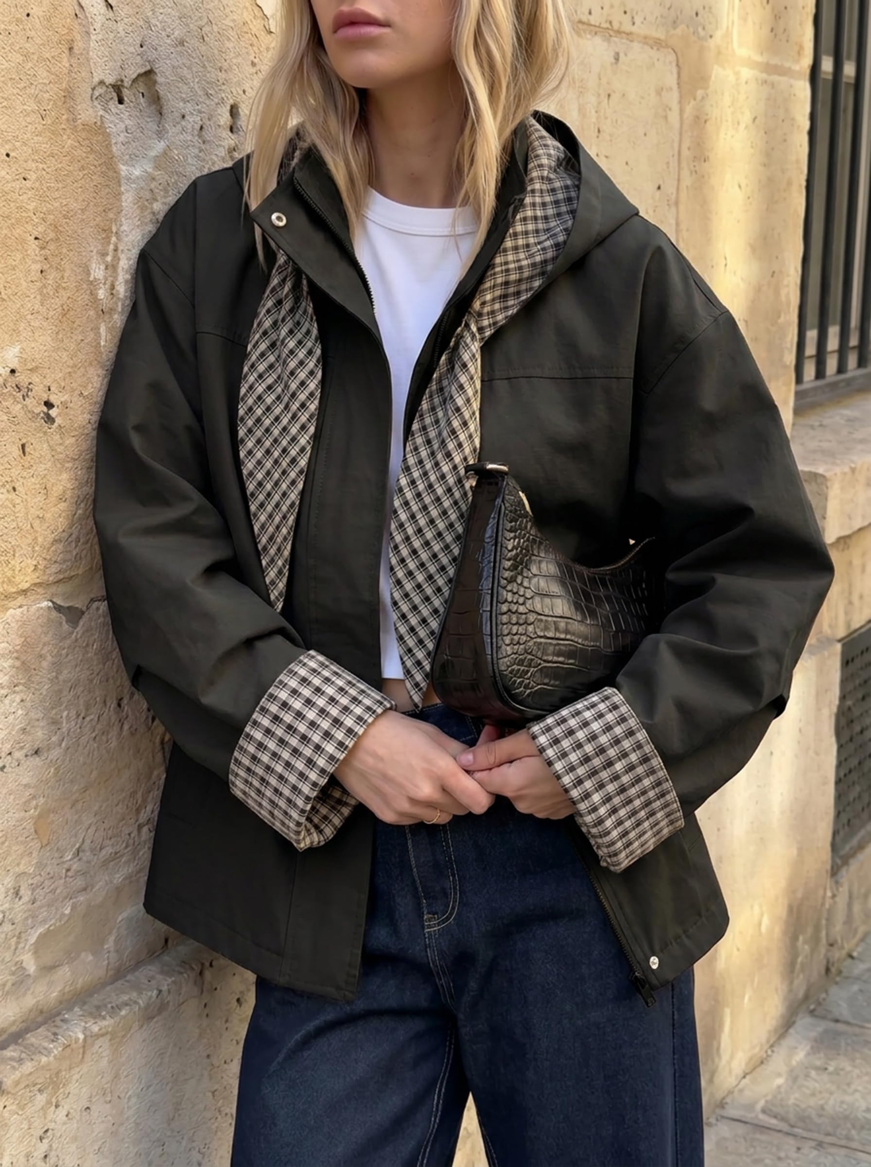 Tankaneo Cropped-Trenchcoat für Damen, Herbstjacke mit karierter