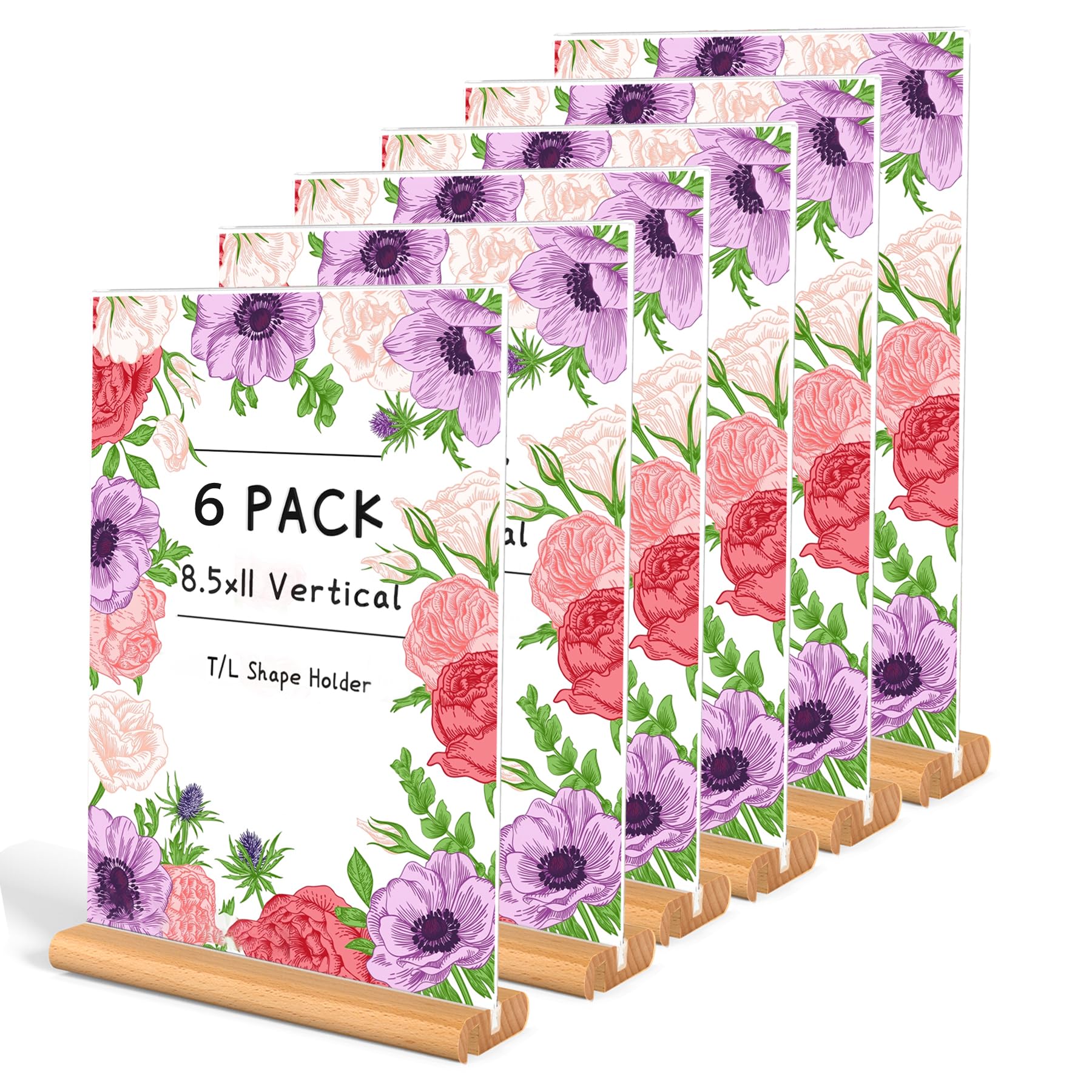 trophable 6 Pack Acrylic Sign Holder, L/T Shape Clear Acrylic Frames Wood Base Table Menu Display Stand for Office School Restaurant