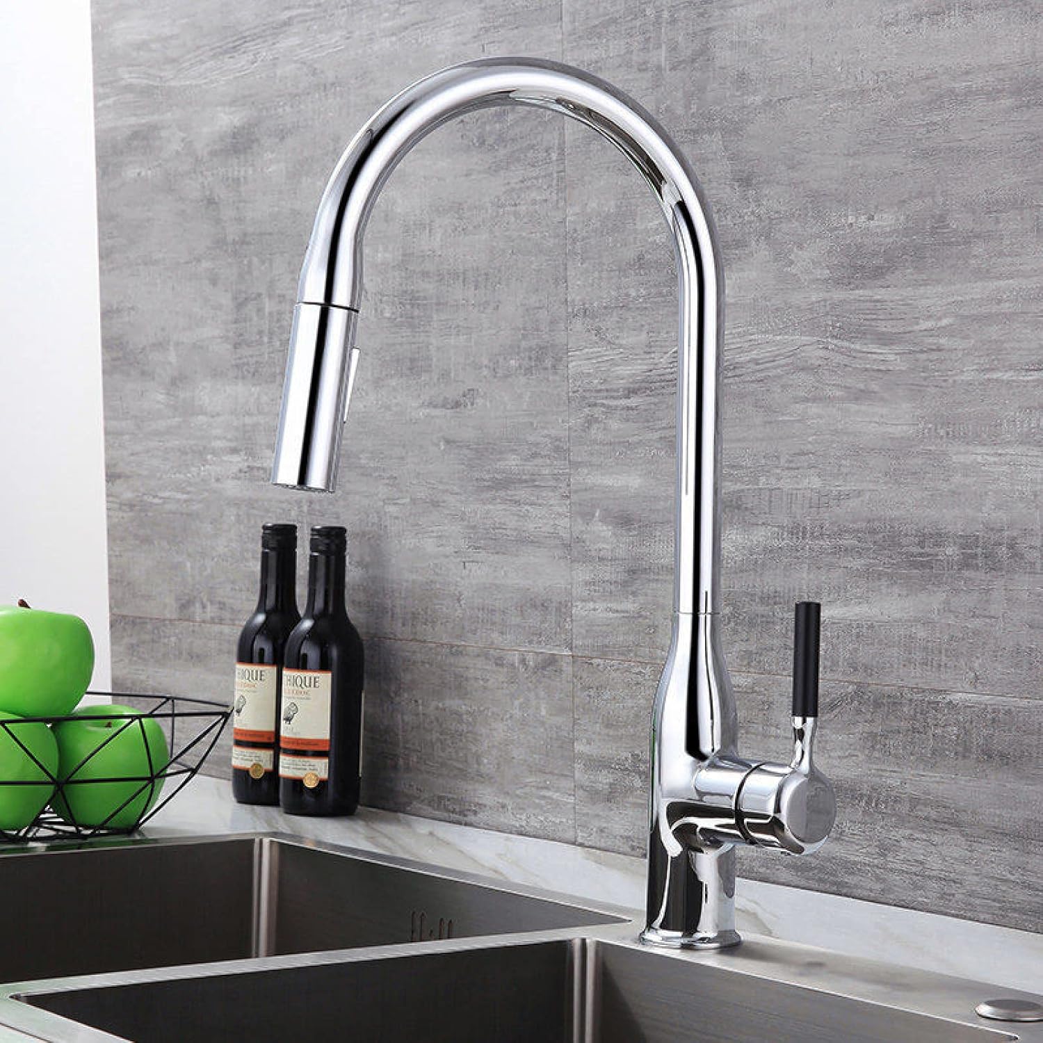 Pull Down Kitchen Faucet,Single Handle Hole 2 Spouts Out Sink,360° Rotatable, Hot and Cold Water,Black(Gun Gray)