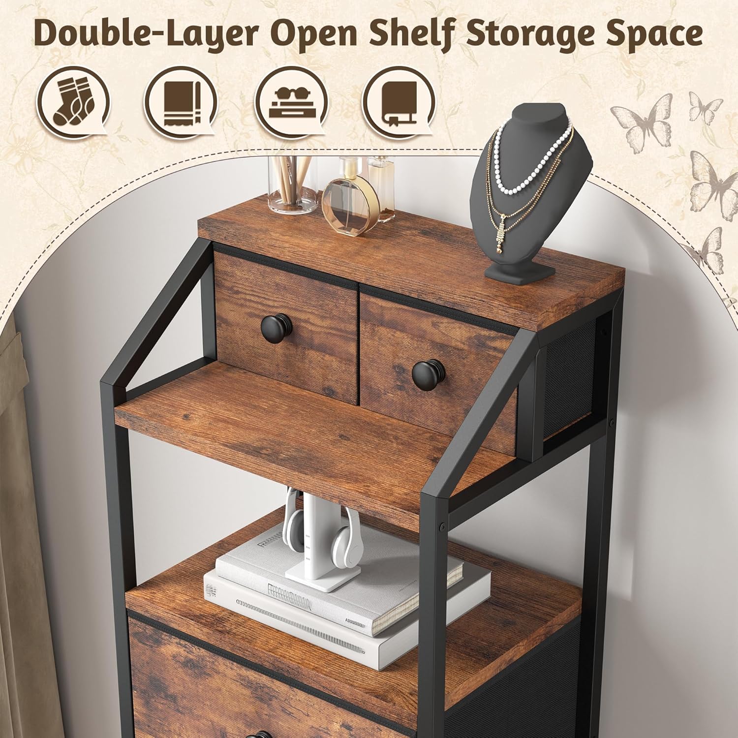 EnHomee 51.2" H Vertical Dresser with LED Lights, 7 Fabric Drawers Dresser for Bedroom, Sturdy Nightstands with Open Wood Shelf, Metal Frame, Bedside Table for Dorm, Entryway, Bathroom (Rustic Brown) - Image 8