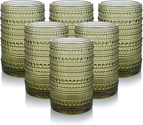 Hobnail - Juego de vasos para beber de 6.15 onzas, juego de vasos de cóctel vintage, vaso de agua verde en relieve, para cerveza, whisky, jugo y