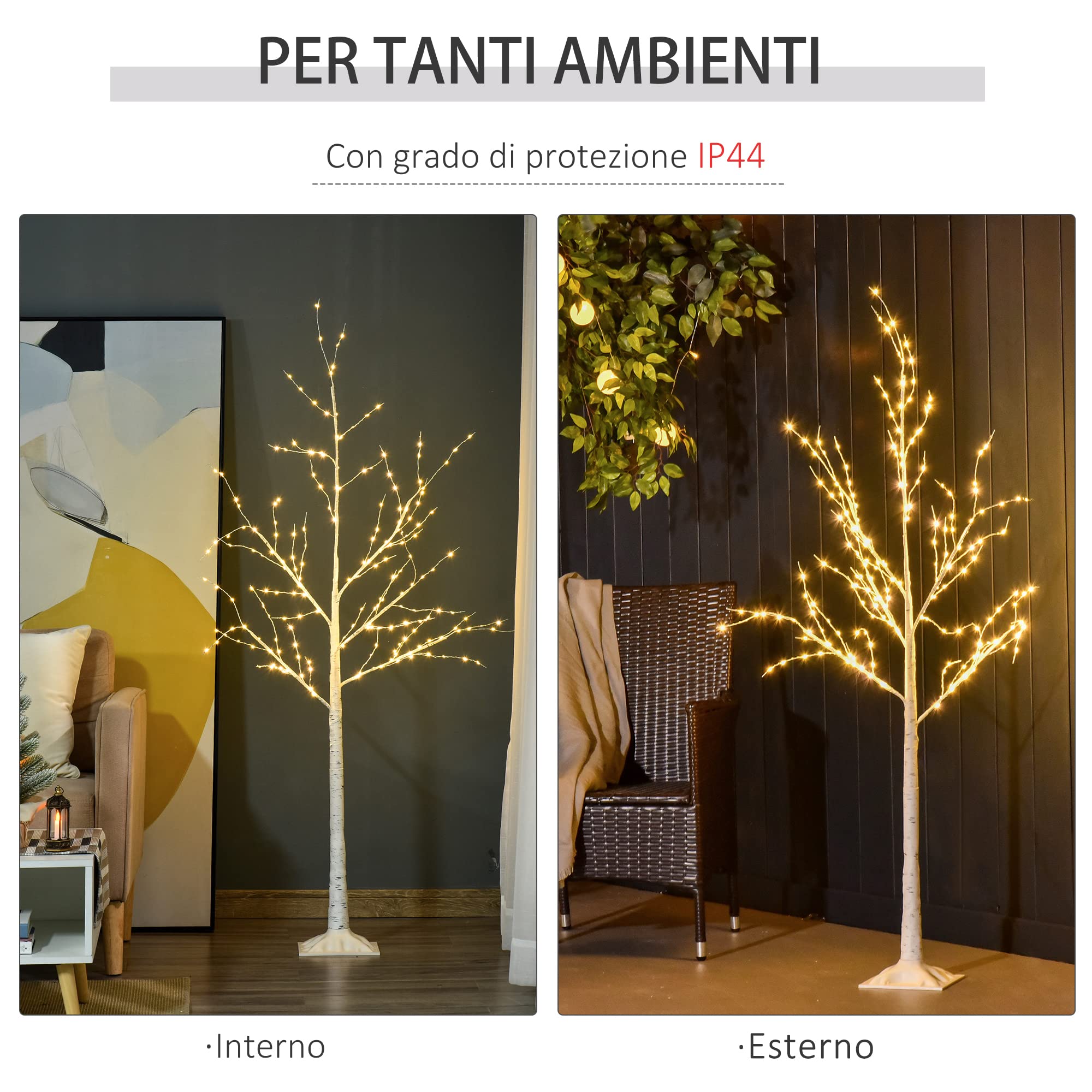 HOMCOM Albero di Natale con Luci LED, Base Quadrata e Cavo di Alimentazione per Interni ed Esterni, in Acciaio e PP, 20x20x150, Bianco