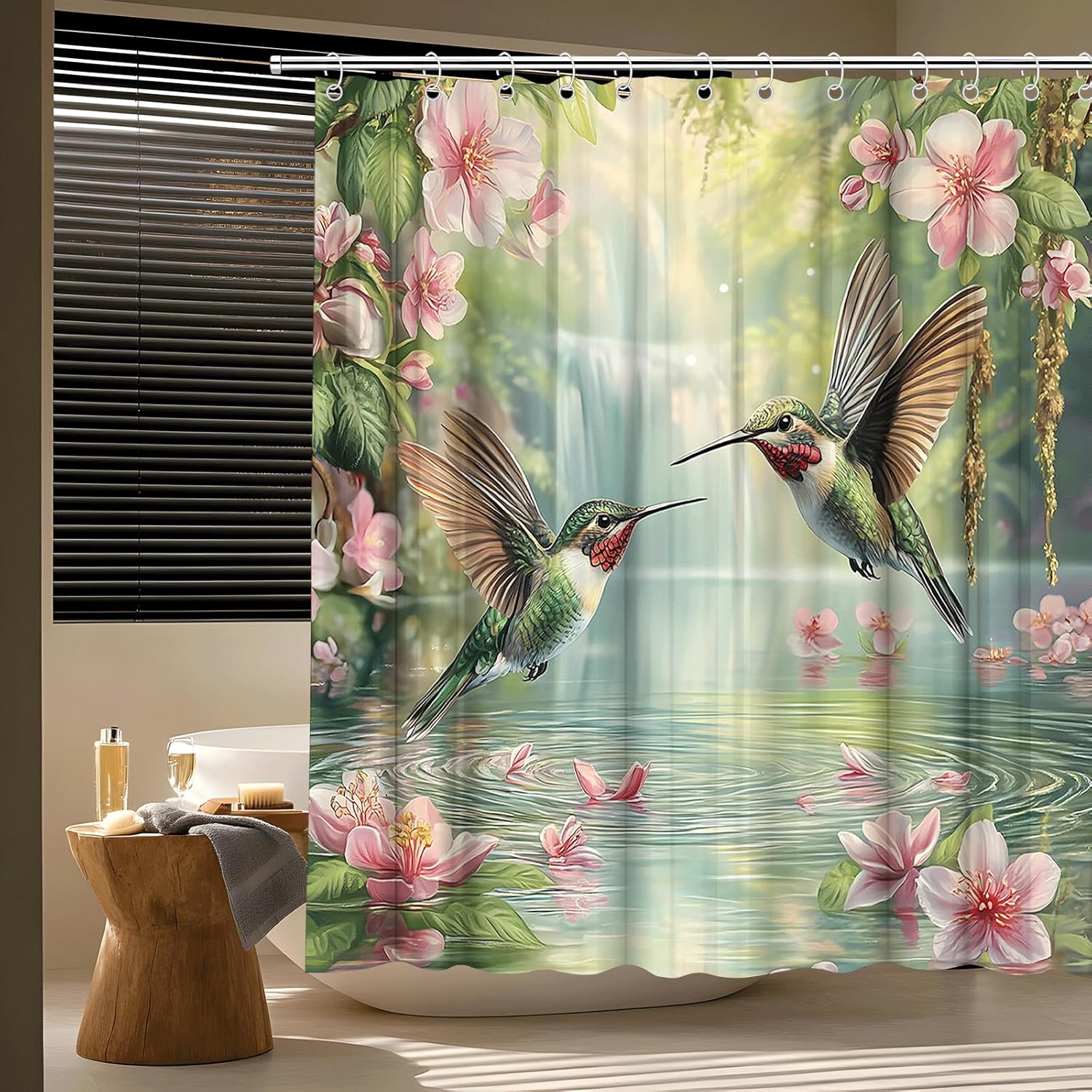 Hummingbird Floral Shower Curtain Spring Pink Floral Green Leaves Waterfall Lake Misty Forest Spring Wildflowers Nature Scene Bath Curtain Fabric Bathroom Accessories Decor with Hooks (70W x90L)