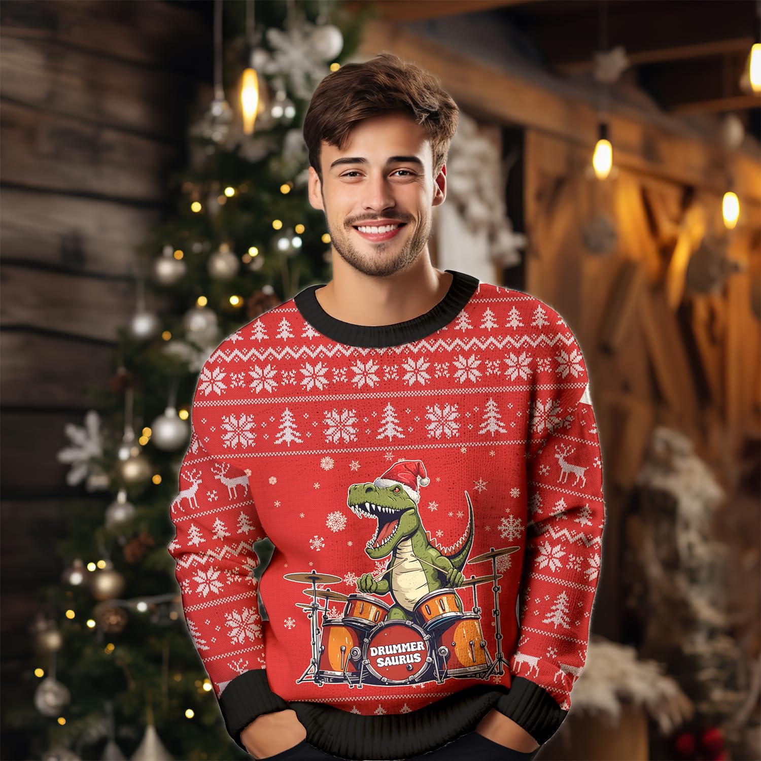 Dinosaur Ugly Christmas Sweater for Mens - Crewneck Knitted T-Rex Ugly Christmas Sweaters Series 10 - Image 3
