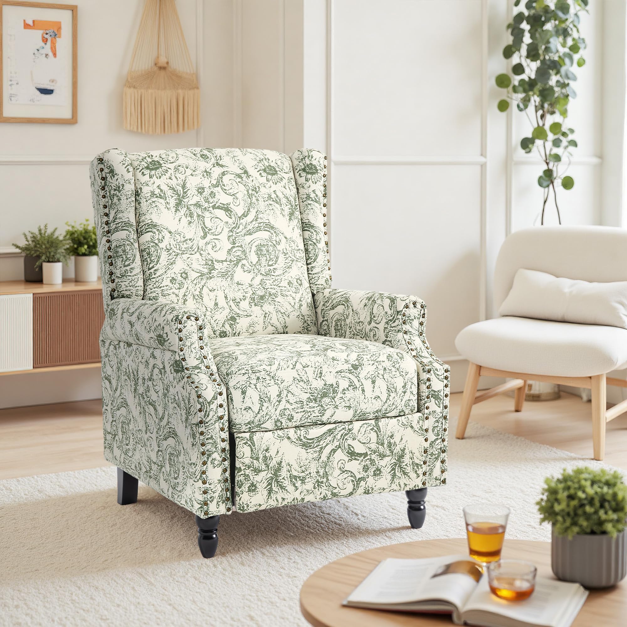 Recliner Chair Upholstered Wingback Floral Pushback Armchair