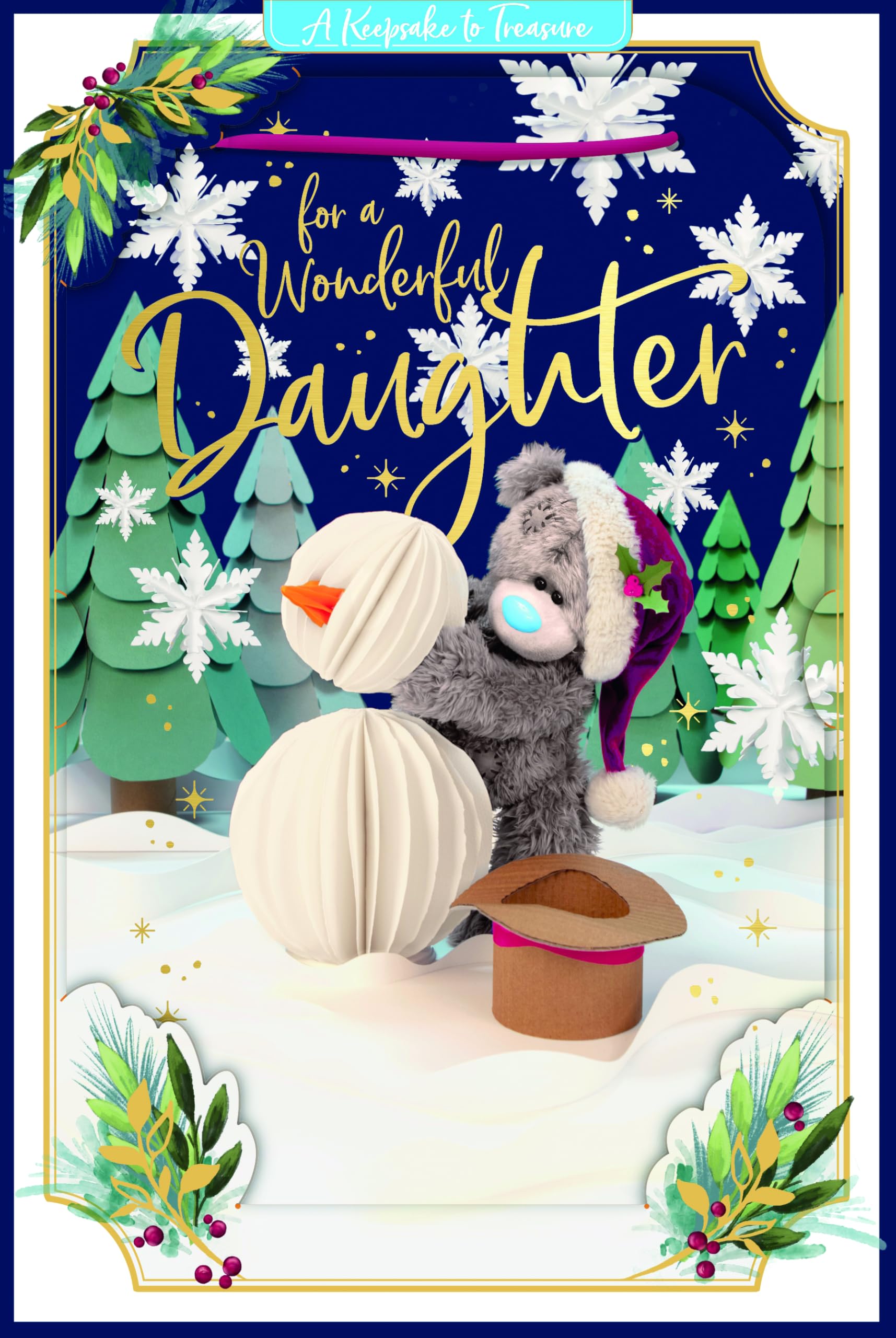 Me To You Tatty Teddy 3D Christmas Keepsake Card To Your Wonderful Daughter, Tatty Teddy Building A Snowman 6 X 9 Inches - Official Collection