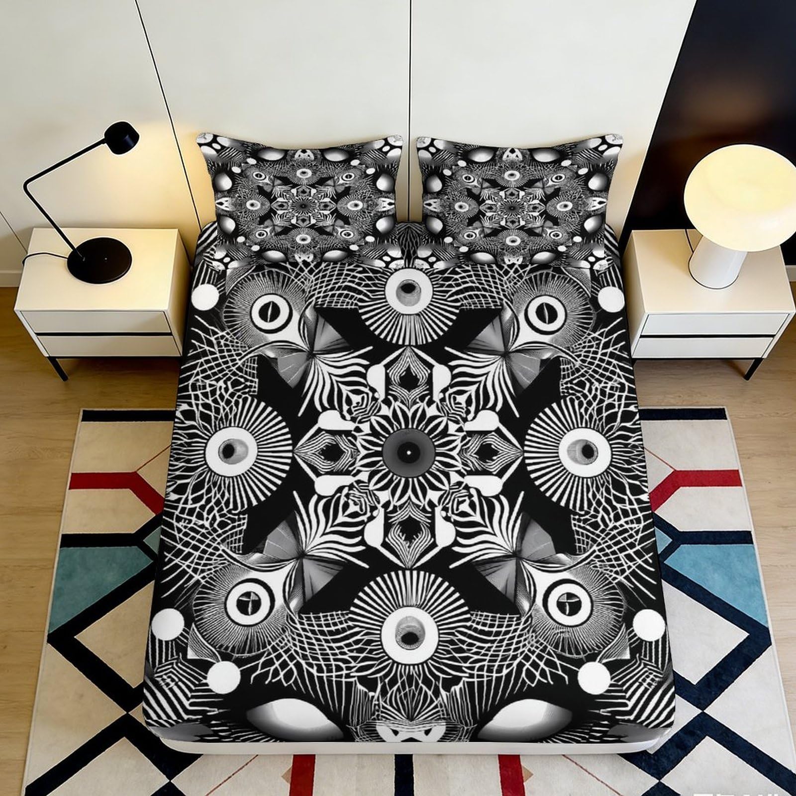 3D Printed Geometric Mandala Fitted Sheet Microfiber Soft Black White Abstract Bed Cover for Bedroom Guest Room Dorm Decor 90x200x25cm