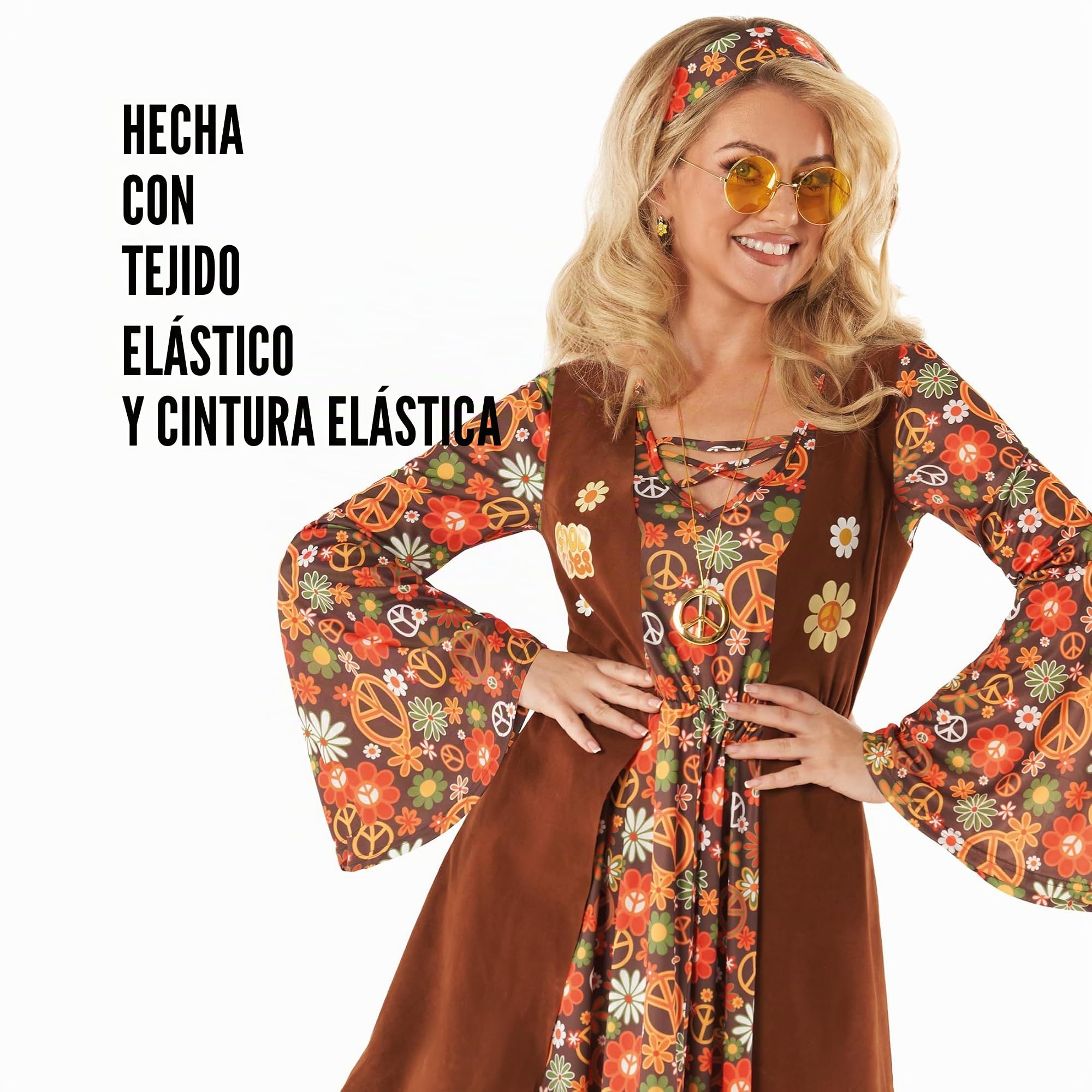 Morph Disfraz Hippie Mujer, Vestido Retro Años 70, Traje Vintage Fiesta, Disfraces para Carnaval y Halloween