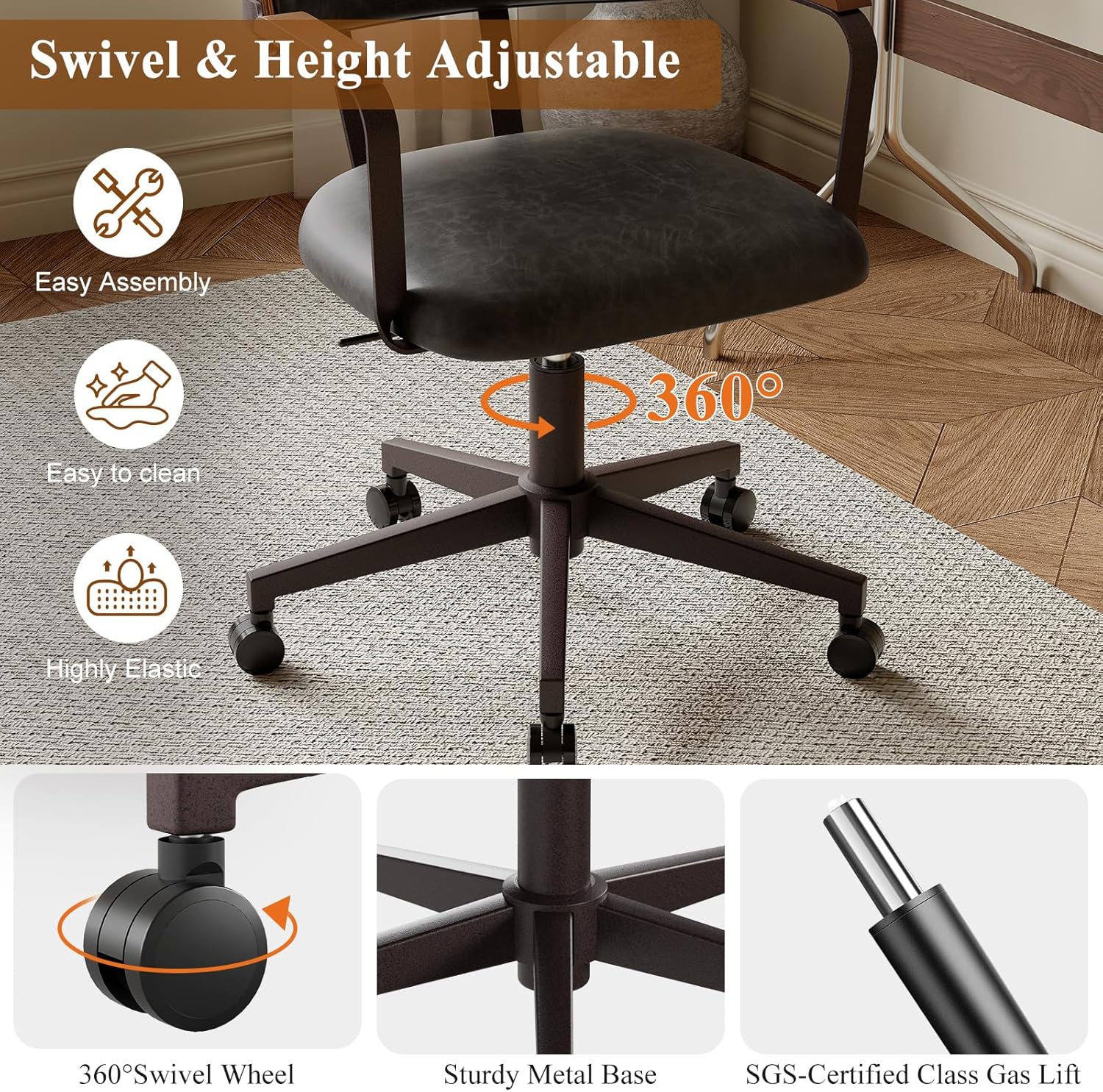 Mid-Century Modern Desk Chair with Walnut Bentwood Design,Retro Home Office Chair with Adjustable Height,360°Swivel,Smooth Rolling Casters,Small Computer Chair PU Leather (Black)