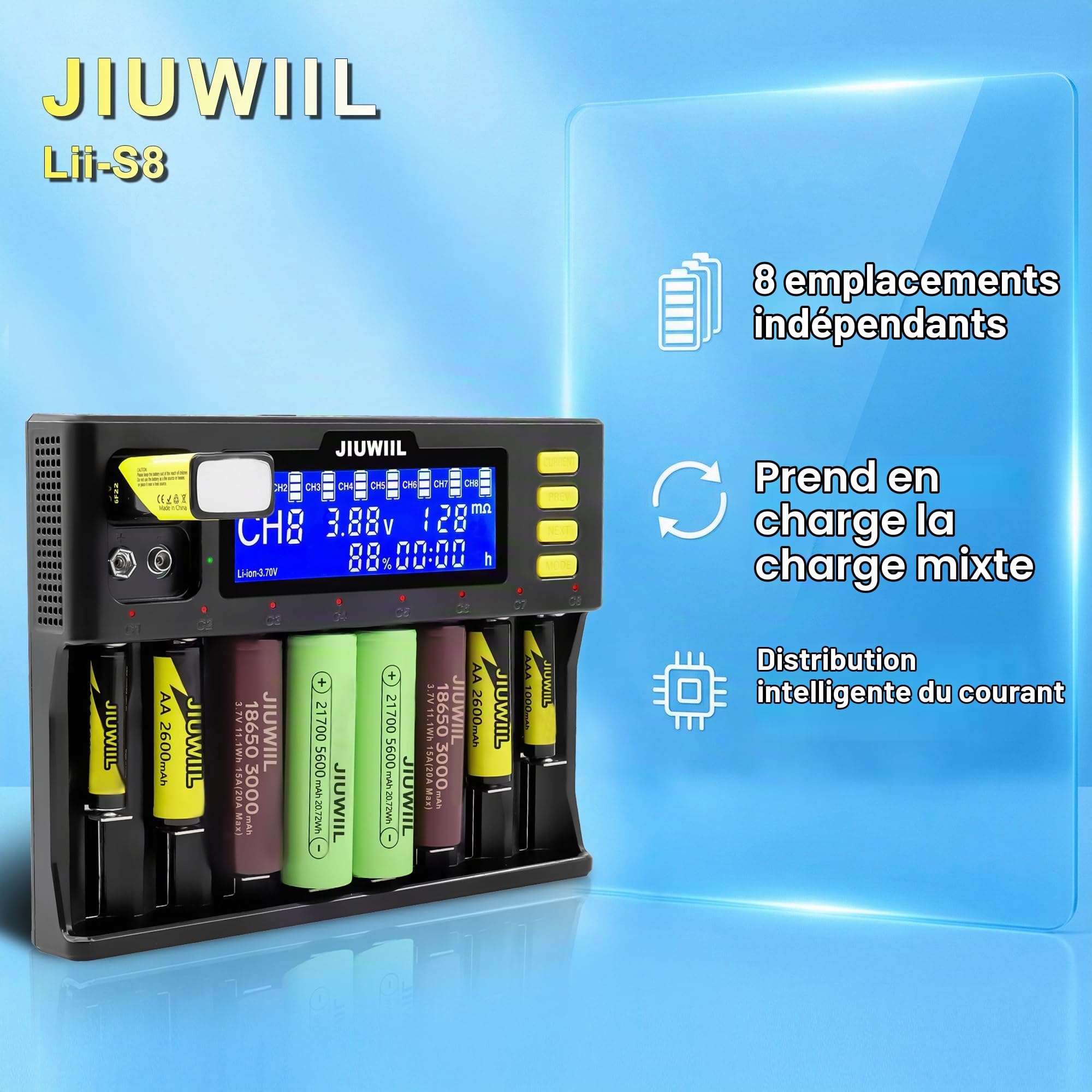 8+2 emplacements Chargeur de Batterie 18650 vec écran LCD | universel à chargement rapide pour batteries rechargeables Li-ion LiFePO4 RCR123 18650 26650 10440 14500 et 9V