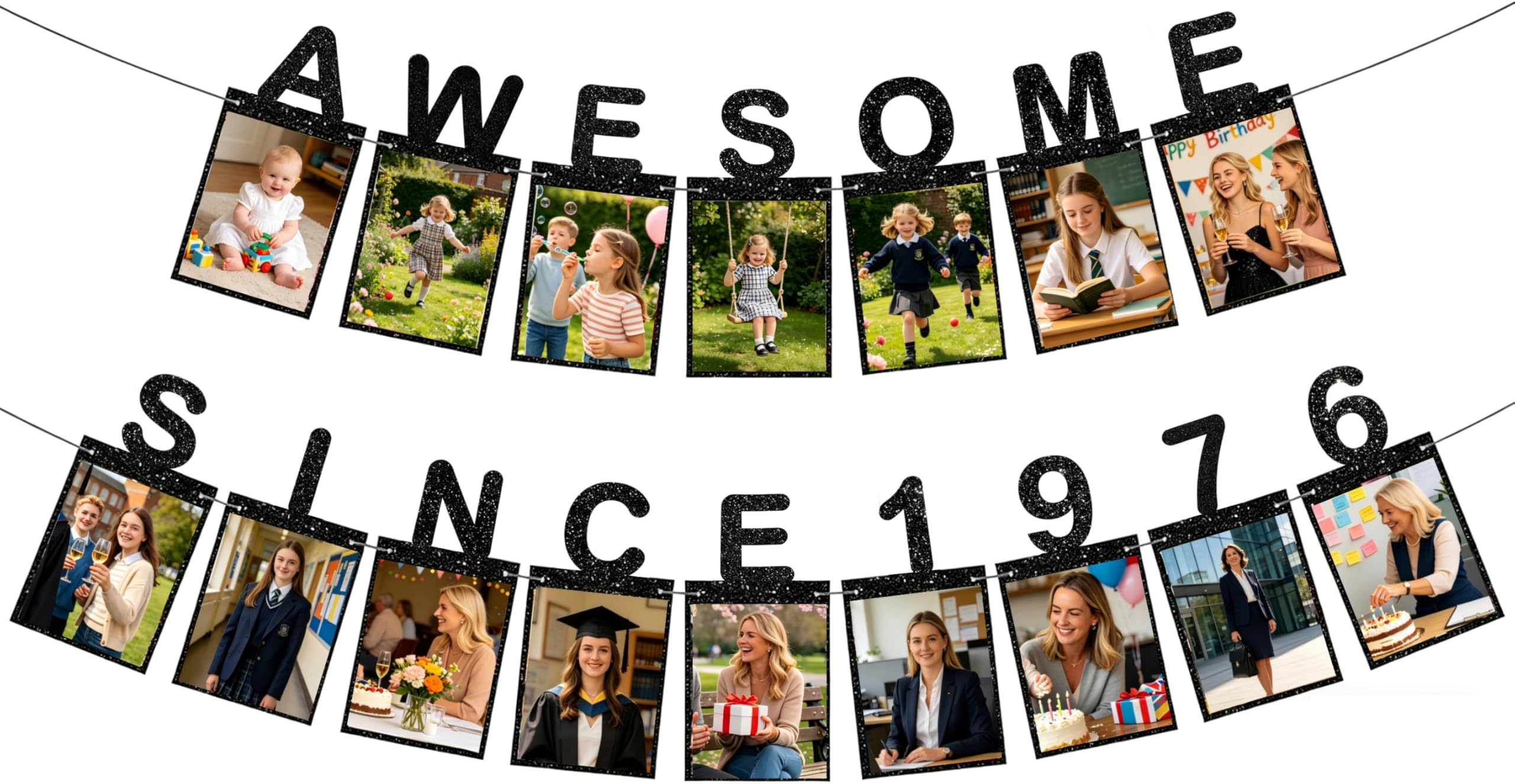 Happy 50th Birthday Decorations Photo Banner - Awesome Since 1976 Bday and Anniversary Decoratoin Set for Women Men, 50 Years Old Milestone Black Glitter Party Supplies