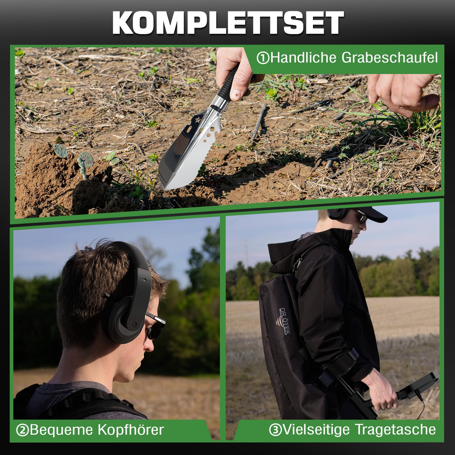 DR.ÖTEK Metalldetektor Profi Set für Erwachsene Anfänger, Aktualisierter 6 Modi Leicht Metalldetektor, 3 Terrain-Modus mit Pinpoint, IP68 wasserdichte Suchspule, Metal Detector Kit mit Zubehör, Grün
